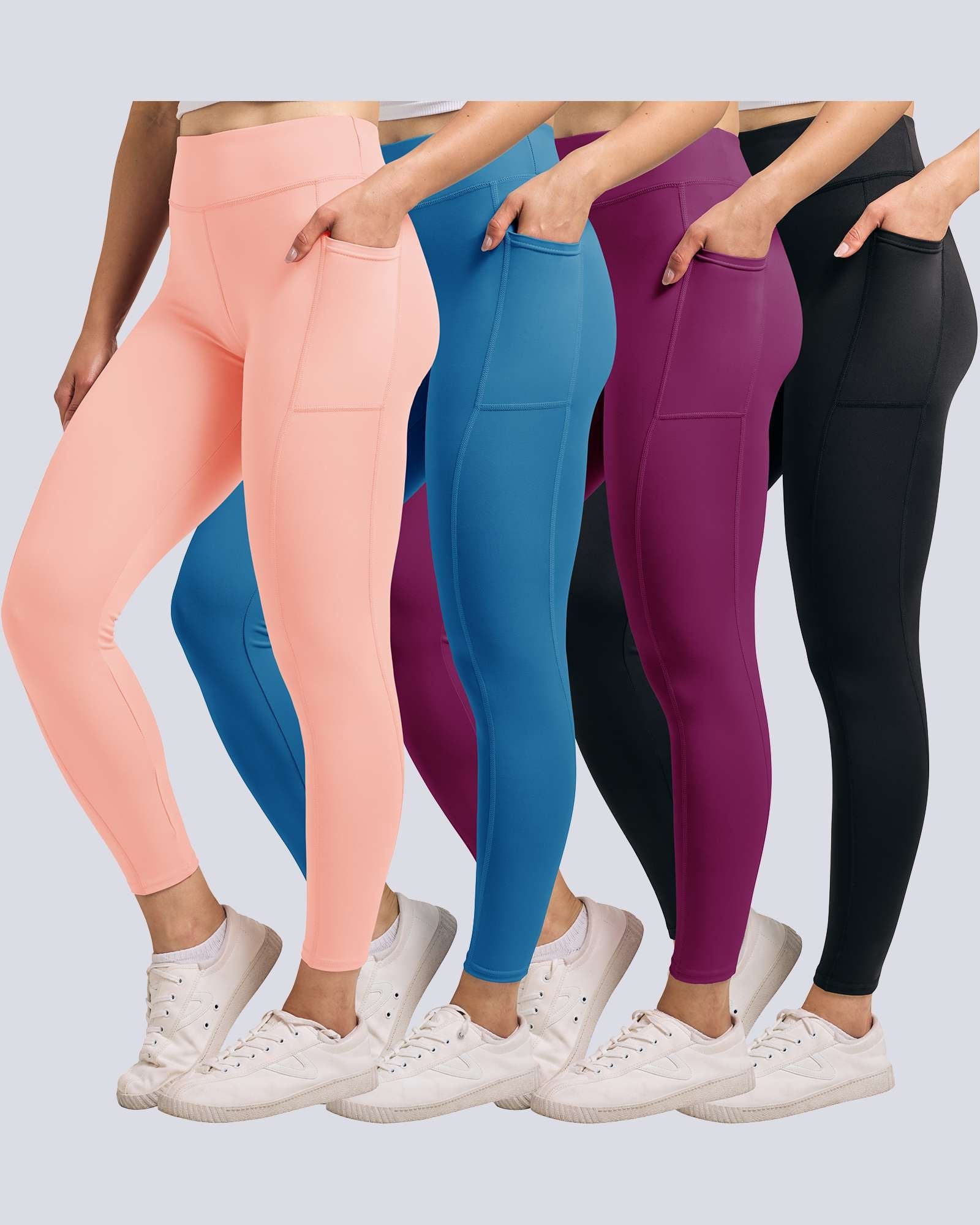4 Pack: Women's Full Length Fitted Athletic Yoga Performance Leggings with Pockets