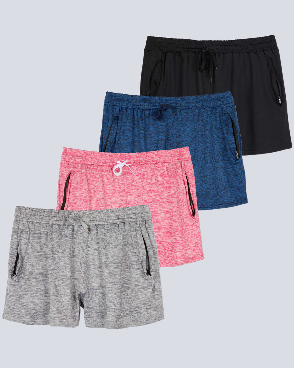 4 Pack: Womens Active Dry-Fit Shorts with Zipper Pockets