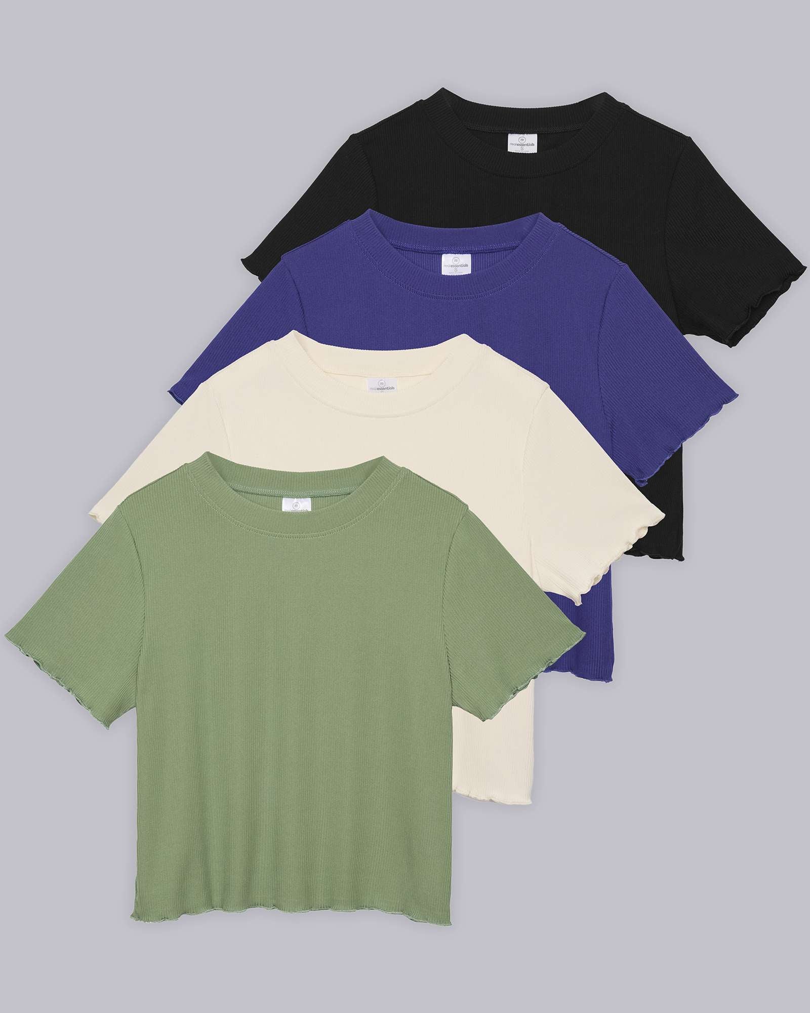 4 Pack: Women's Lettuce Trim Ribbed Knit Short Sleeve Crop Tops