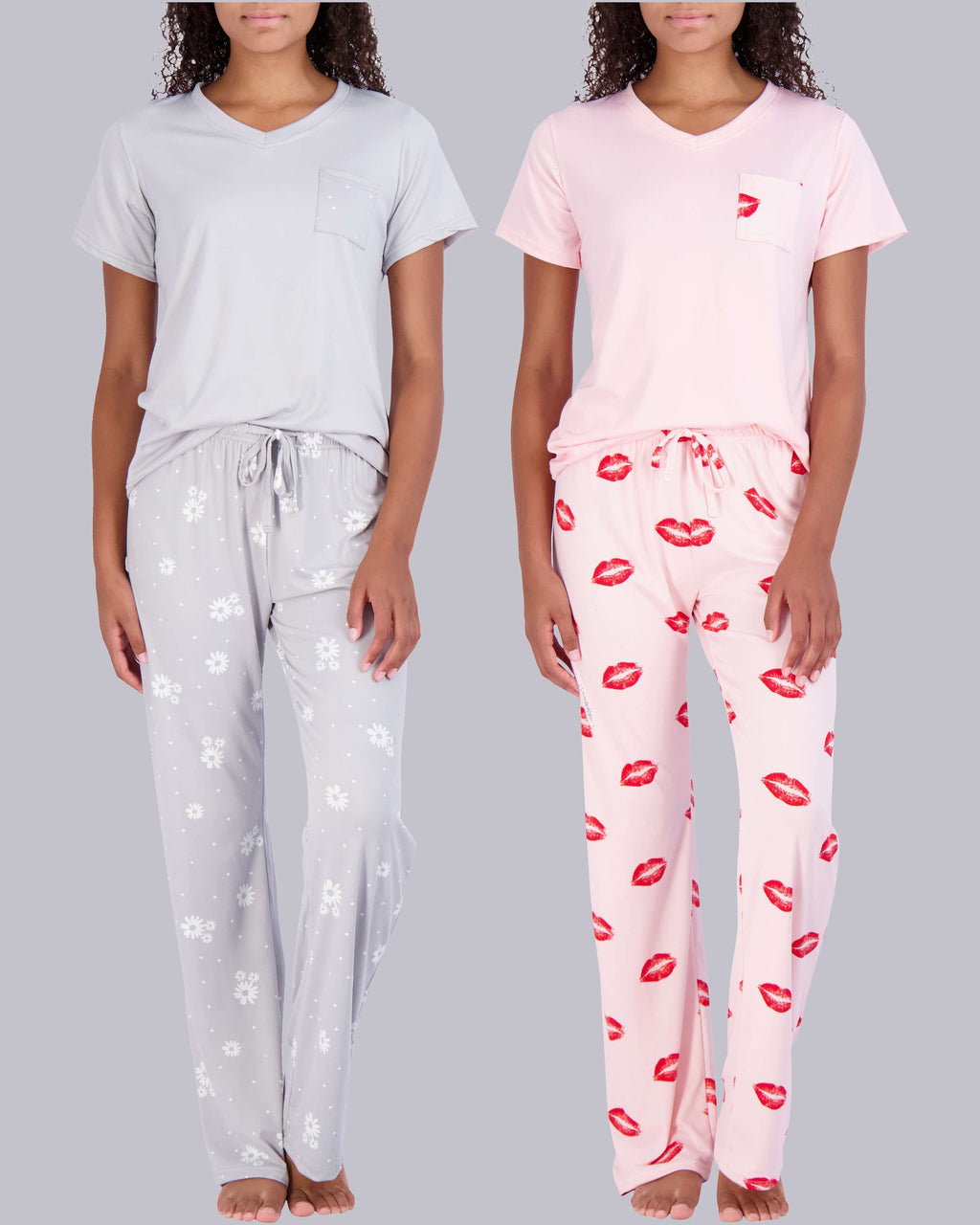 2 Pack: Womens Pajama Set Super-Soft Short Sleeve V-Neck Top with Pants (Available in Plus Size)