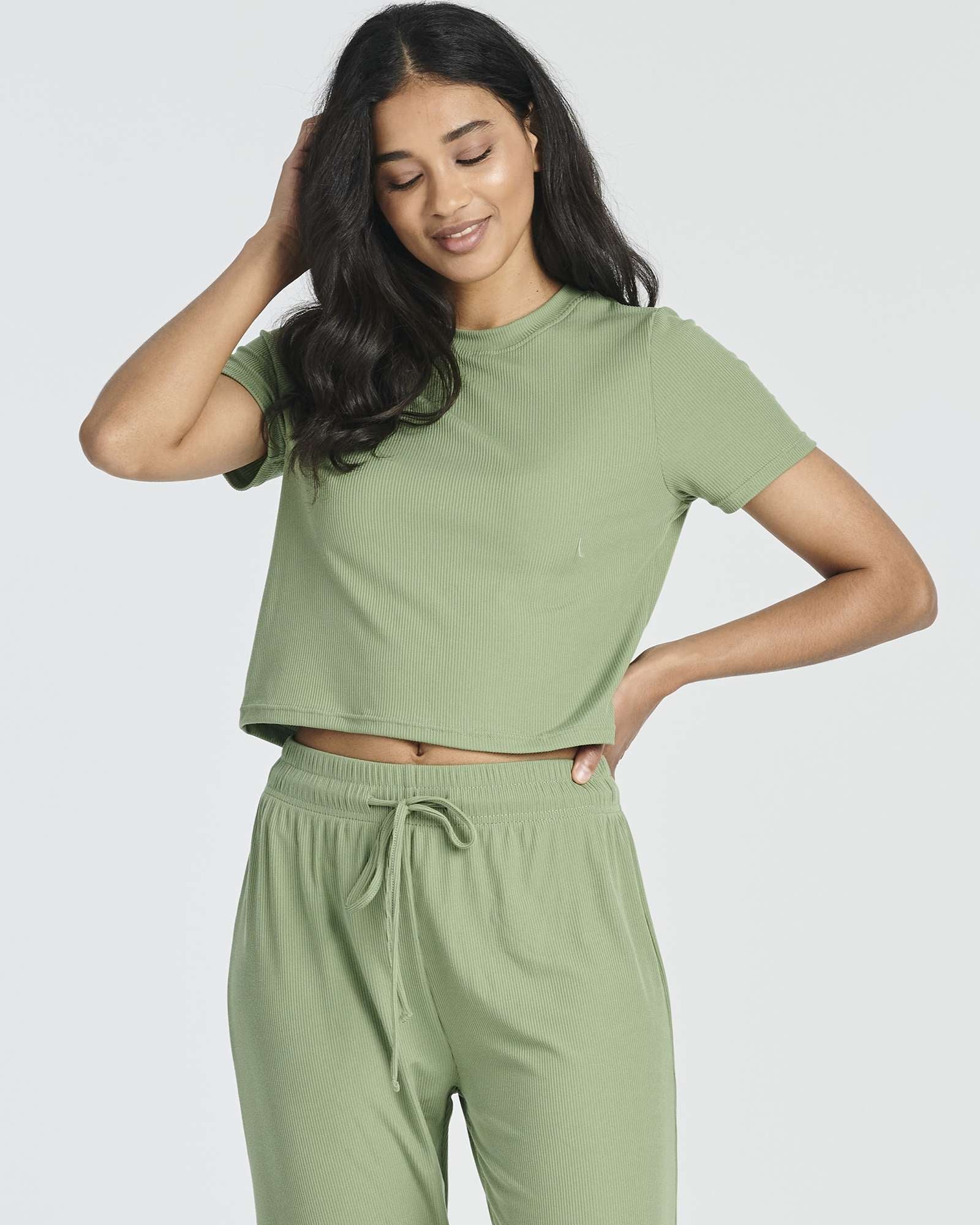 2 Pack: Women's Ribbed Knit Cropped Top with Jogger Sweatpants