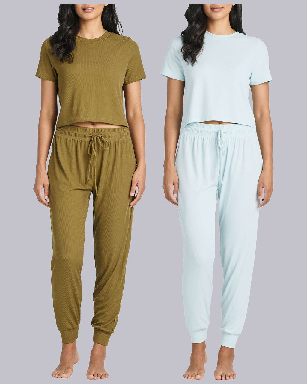2 Pack: Women's Ribbed Knit Cropped Top with Jogger Sweatpants