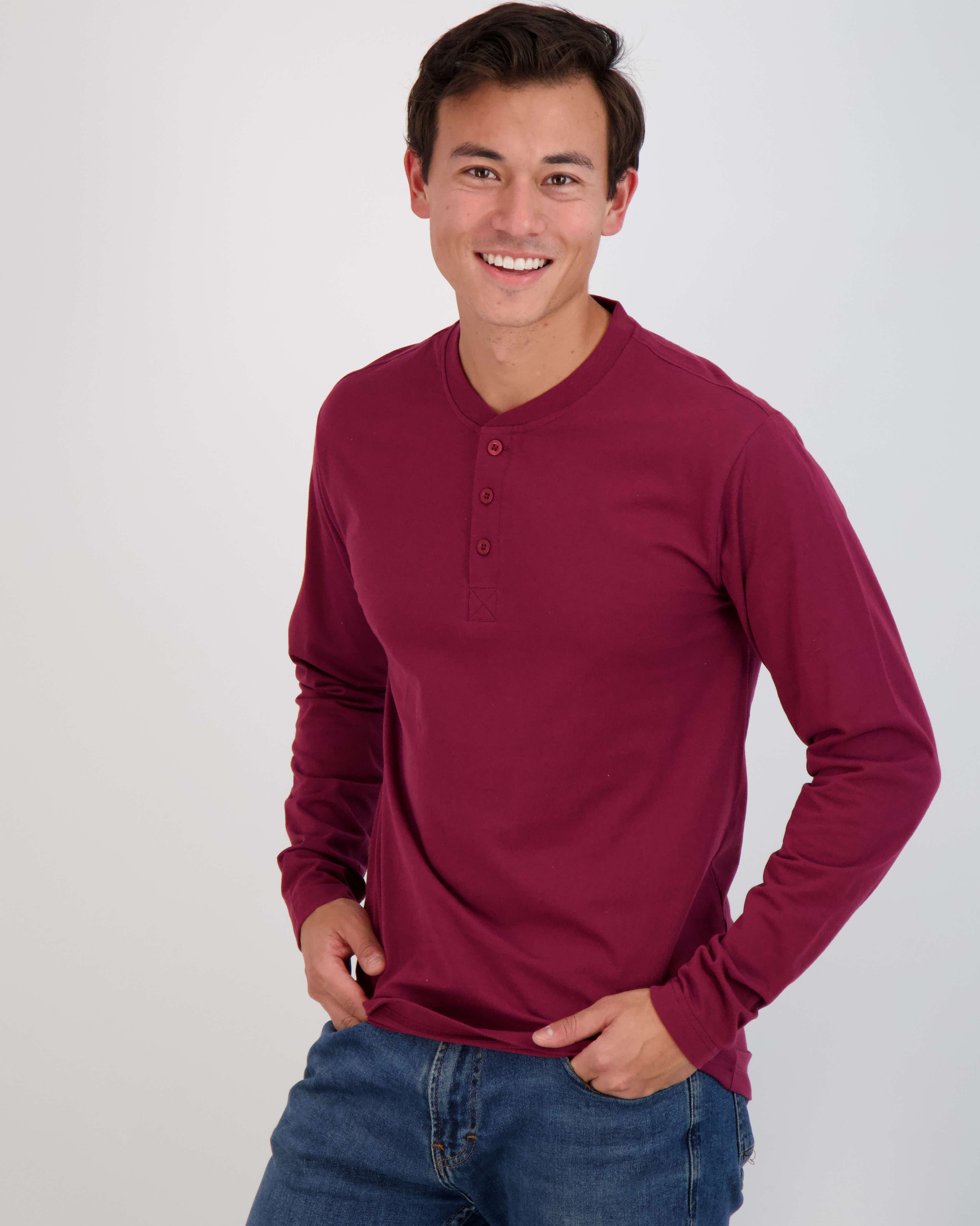 3 Pack: Mens Long Sleeve Cotton Henley T-Shirt