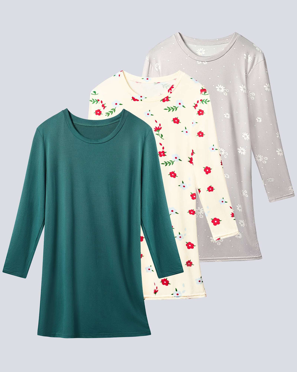 3 Pack: Womens Long Sleeve Ultra-Soft Nightshirt Sleep Dress
