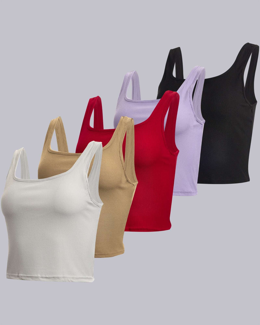 Real Essentials 5 Pack: Women's Soft Knit Ribbed Square Neck Cropped Tank Top - Sleeveless Crop Tops