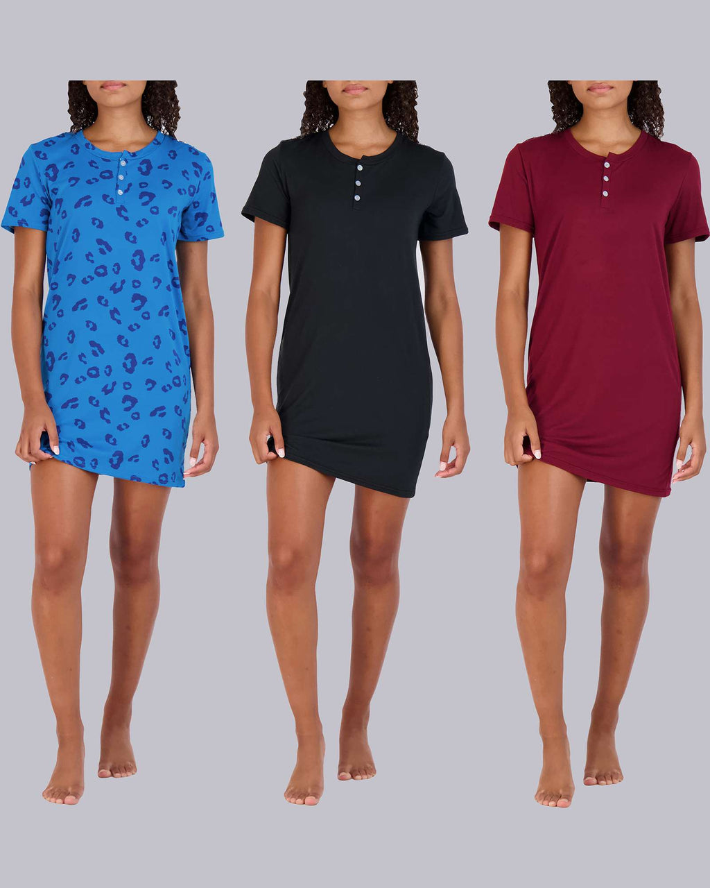 3 Pack: Womens Short Sleeve Henley Nightshirt Nightgown Sleep Dress