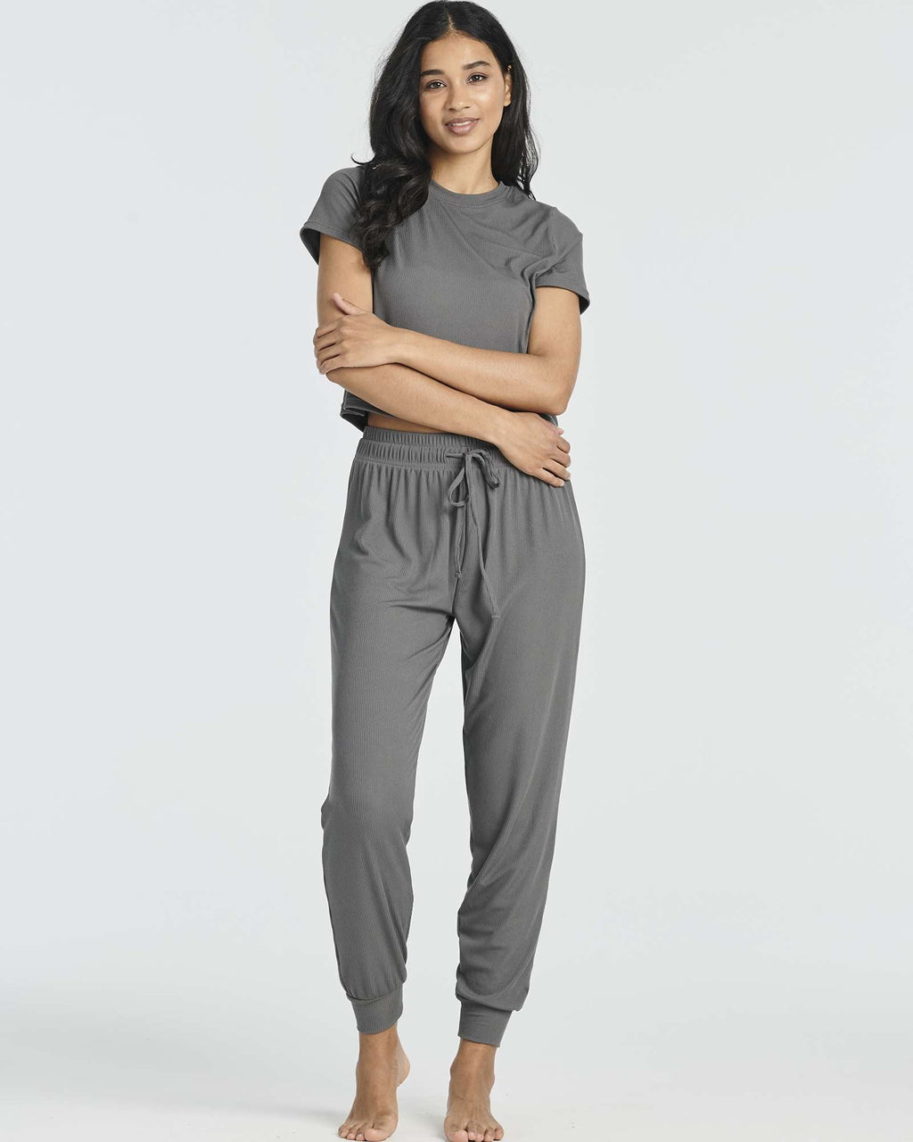 2 Pack: Women's Ribbed Knit Cropped Top with Jogger Sweatpants