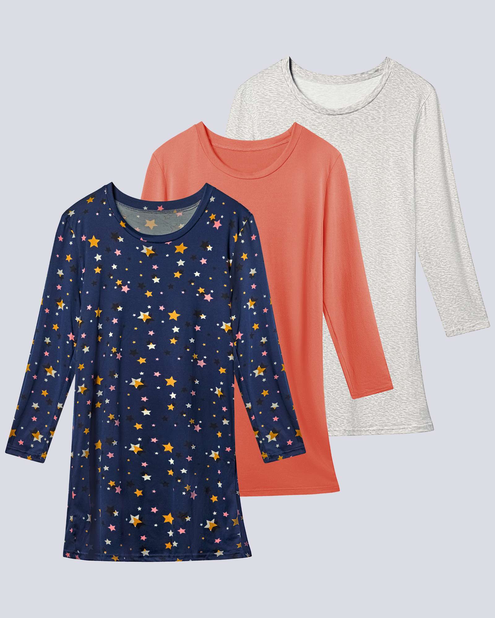 3 Pack: Womens Long Sleeve Ultra-Soft Nightshirt Sleep Dress