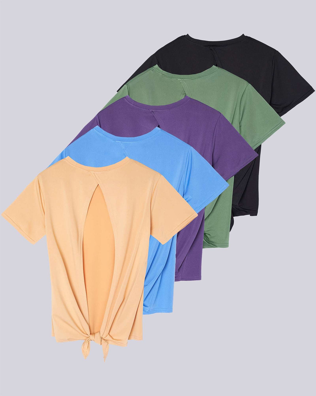 5 Pack: Women's Short Sleeve Open Back Tie Back Dry-Fit T-Shirt
