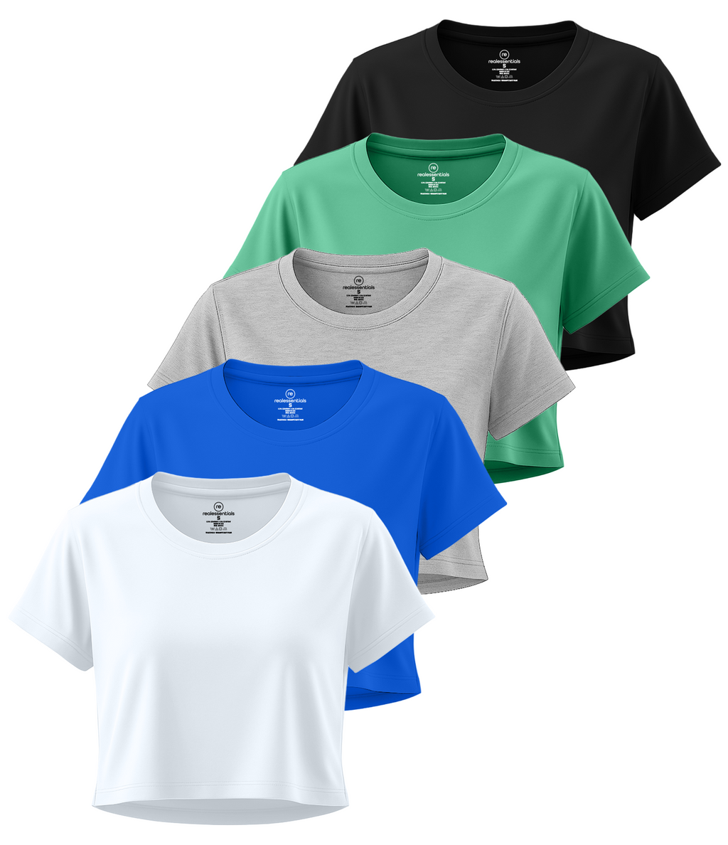 5 Pack: Women's Dry Fit Crop Top - Short Sleeve Crew Neck Stretch Athletic Tee (Available in Plus Size)