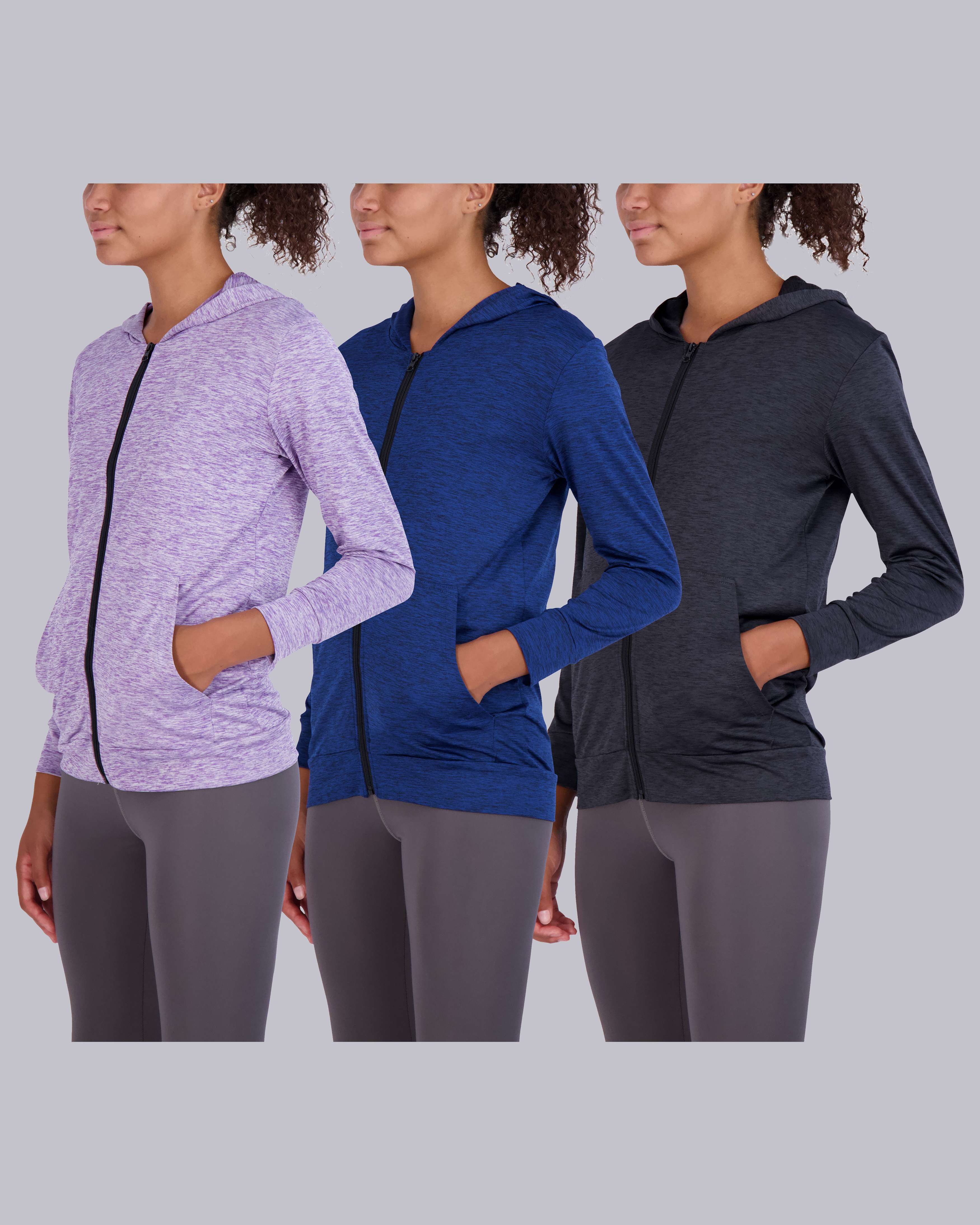 3 Pack: Womens Dry-Fit Active Full Zip-Up Hoodie Jacket