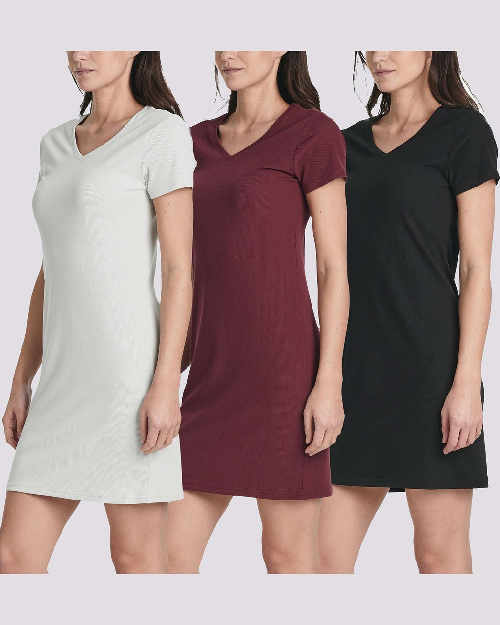 3 Pack: Women's Ribbed Knit Short-Sleeve V-Neck Swing Dress
