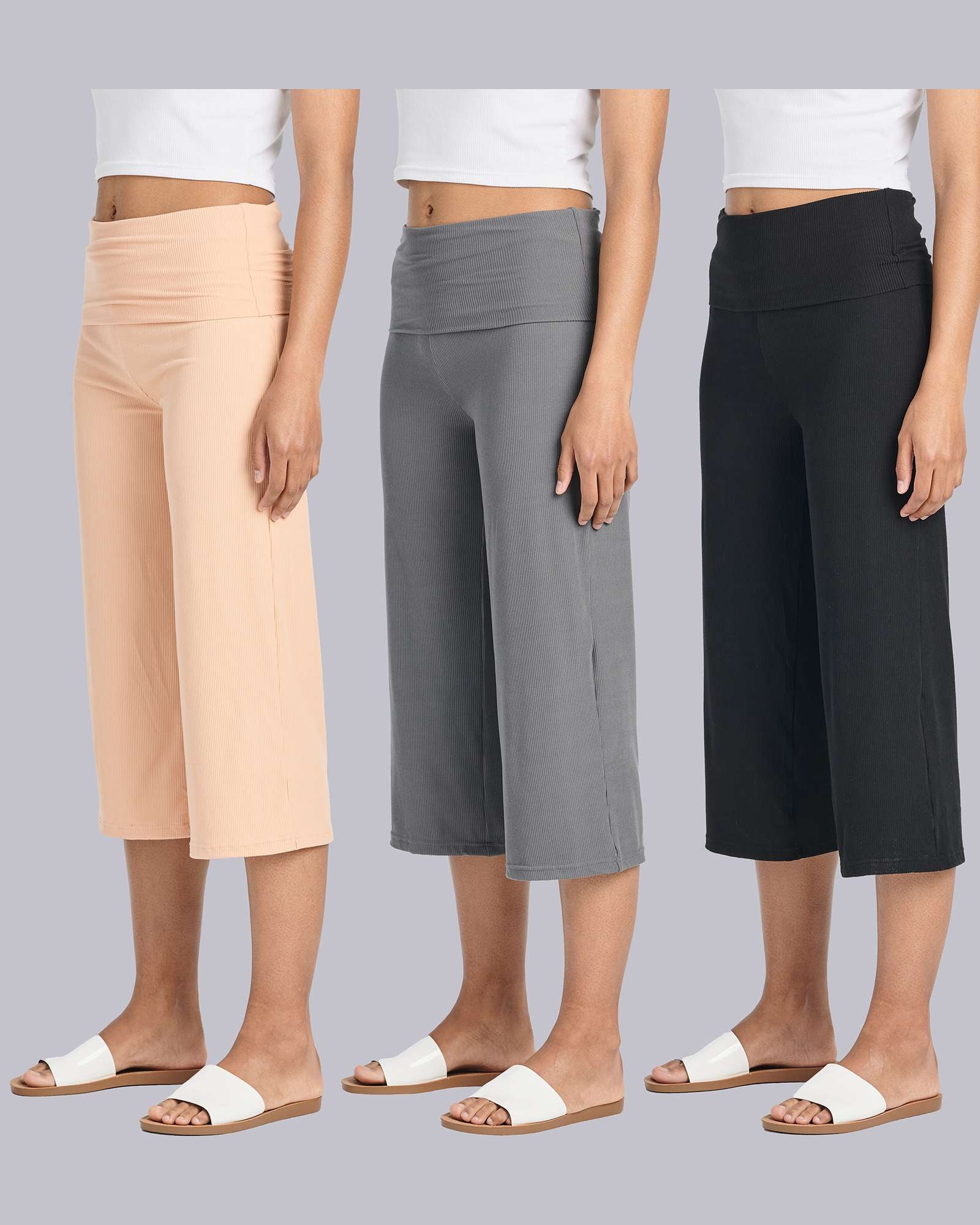 3 Pack: Women's Ribbed Foldover Wide Leg Capri Pants