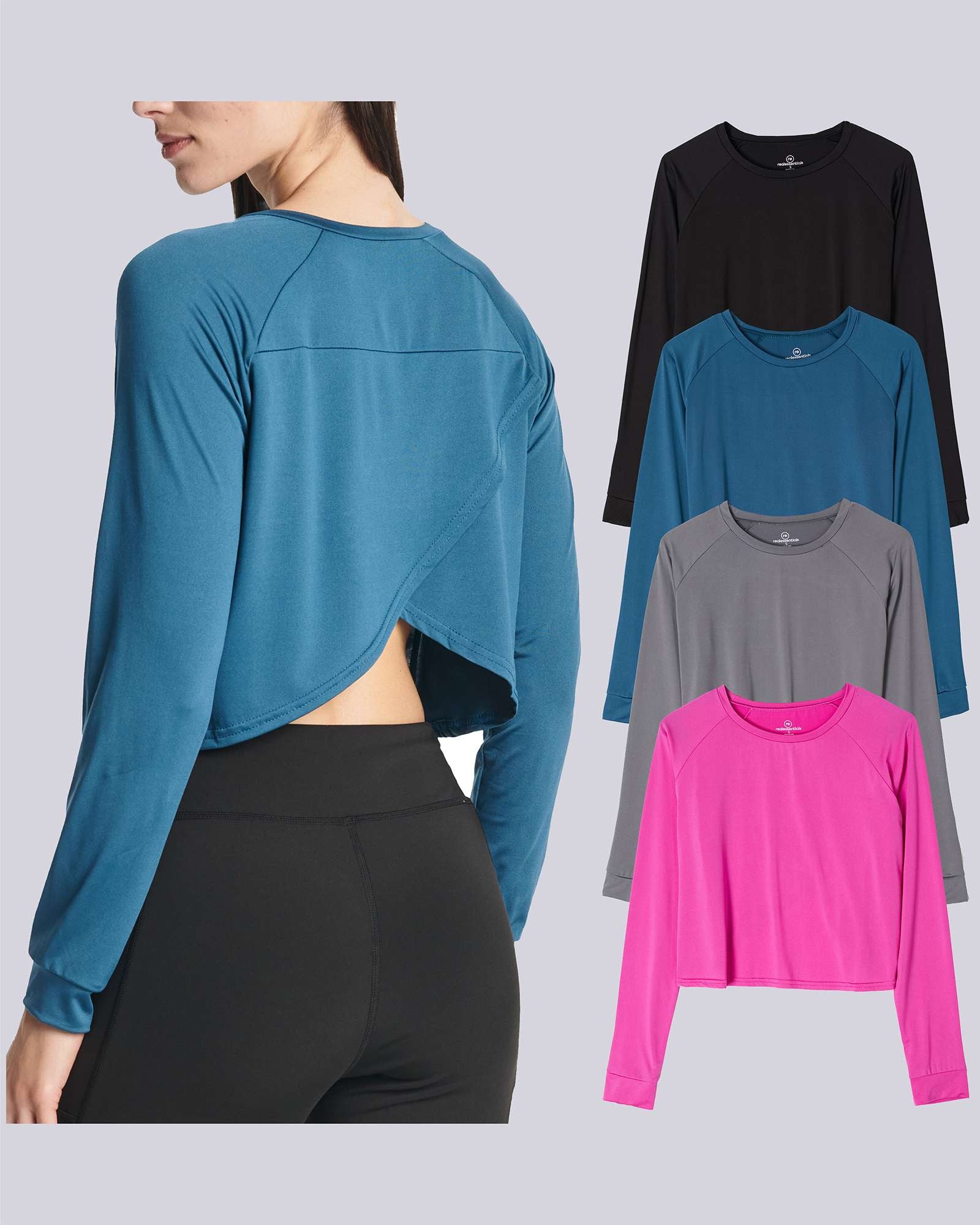 4 Pack: Women's Long Sleeve Petal Back Crop Top (Available in Plus Size)