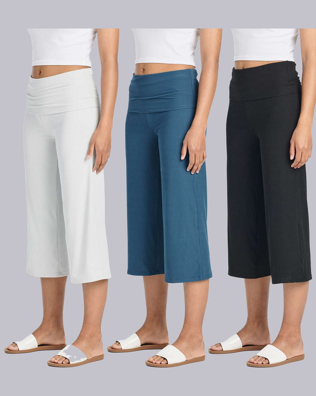 3 Pack: Women's Ribbed Foldover Wide Leg Capri Pants