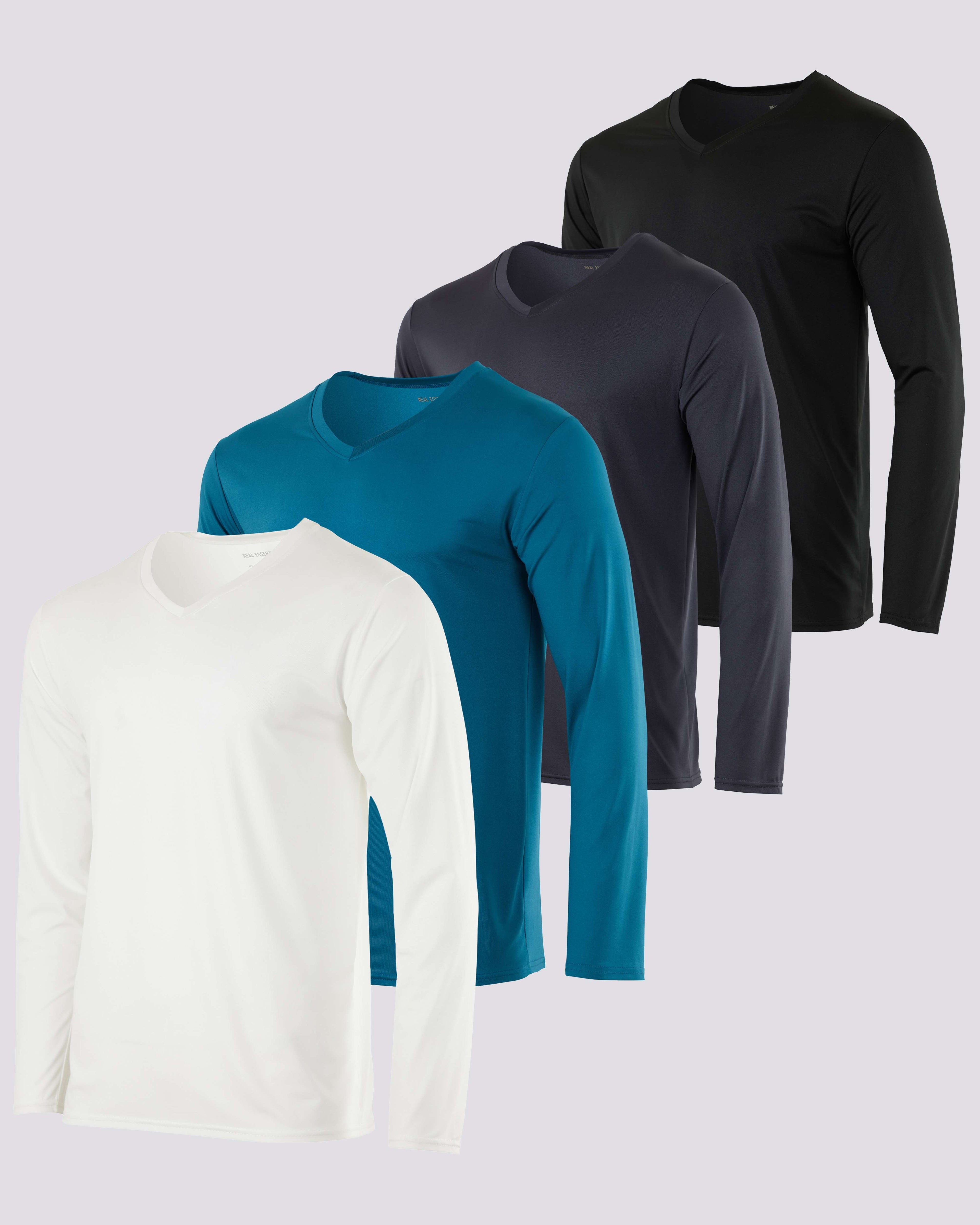 4 Pack: Mens V-Neck Long Sleeve Dry Fit T-Shirt