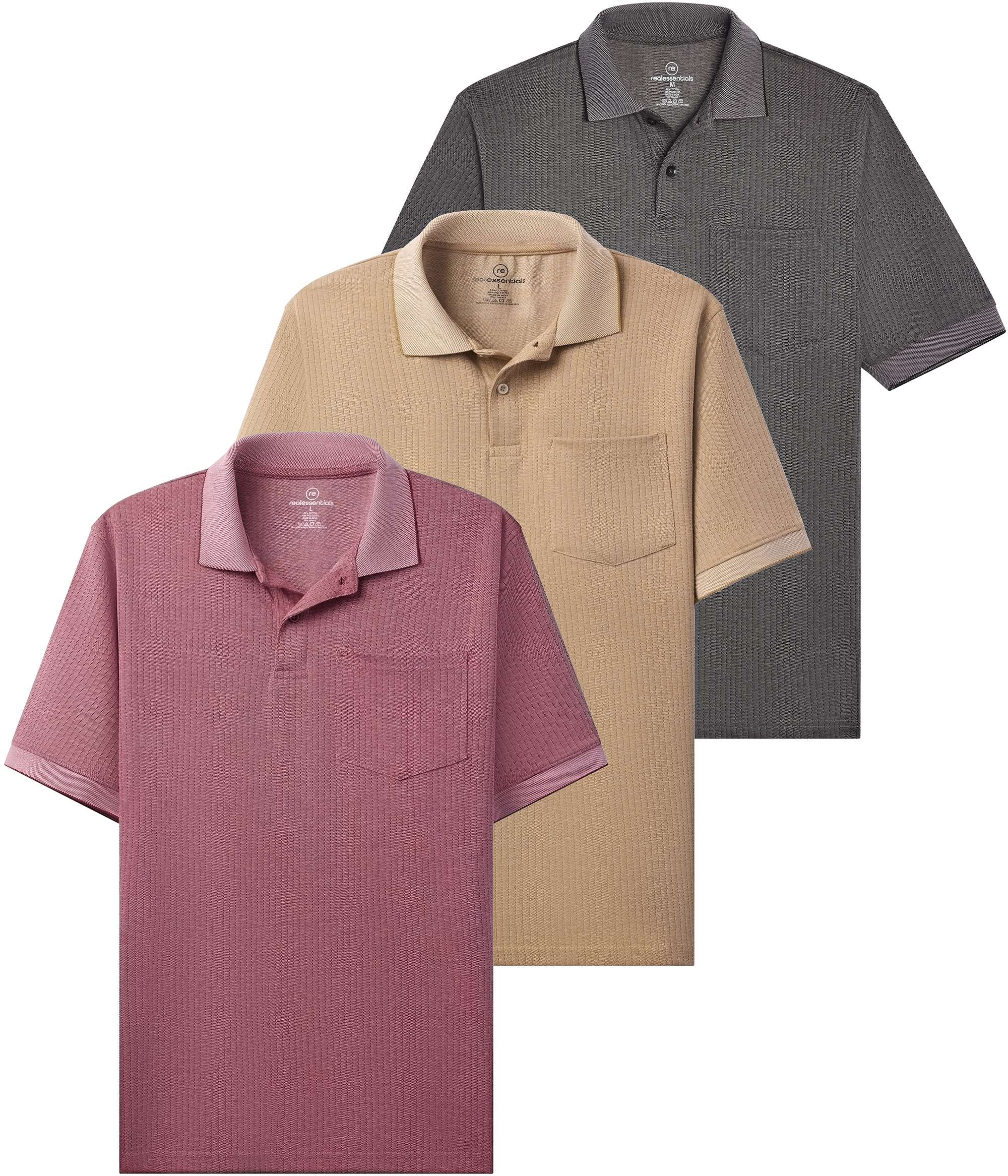 3 Pack: Men's Ribbed CVC SS Polo Shirt With Pocket - Breathable Performance Polo (Available in Big & Tall)