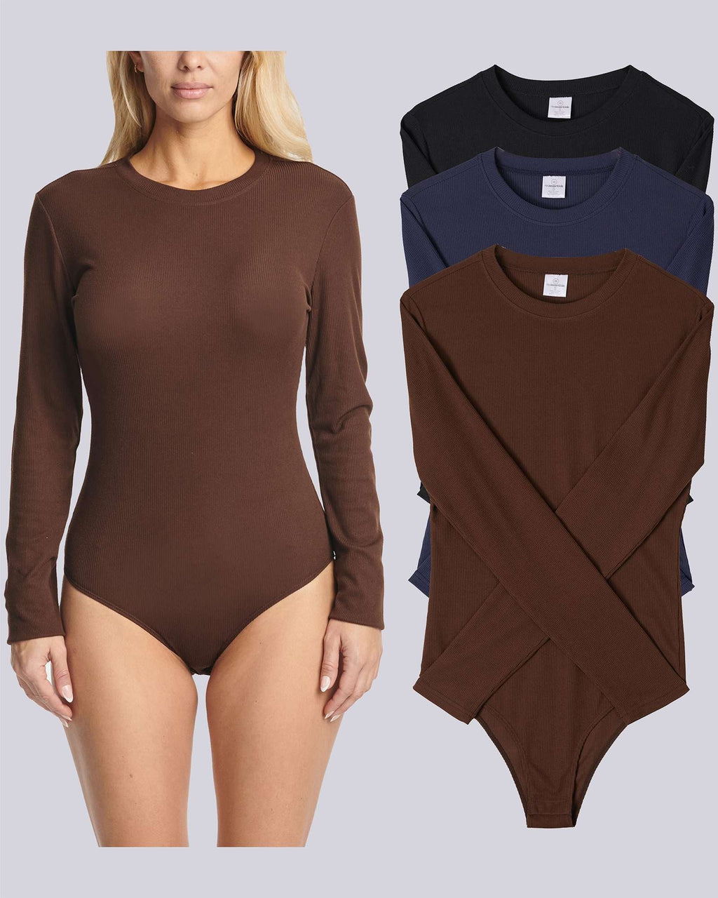 3 Pack: Women's Long Sleeve Ribbed Bodysuit