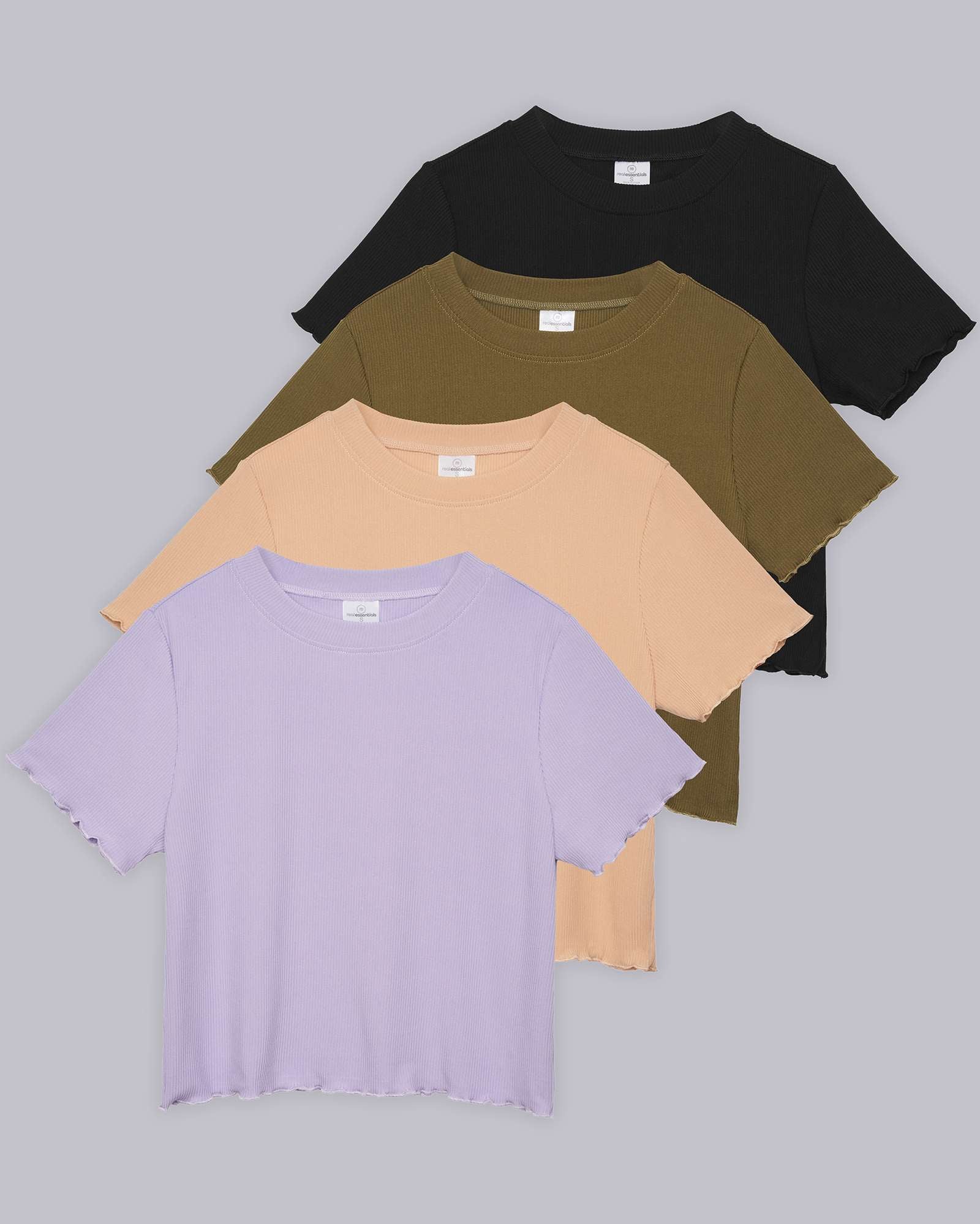 4 Pack: Women's Lettuce Trim Ribbed Knit Short Sleeve Crop Tops