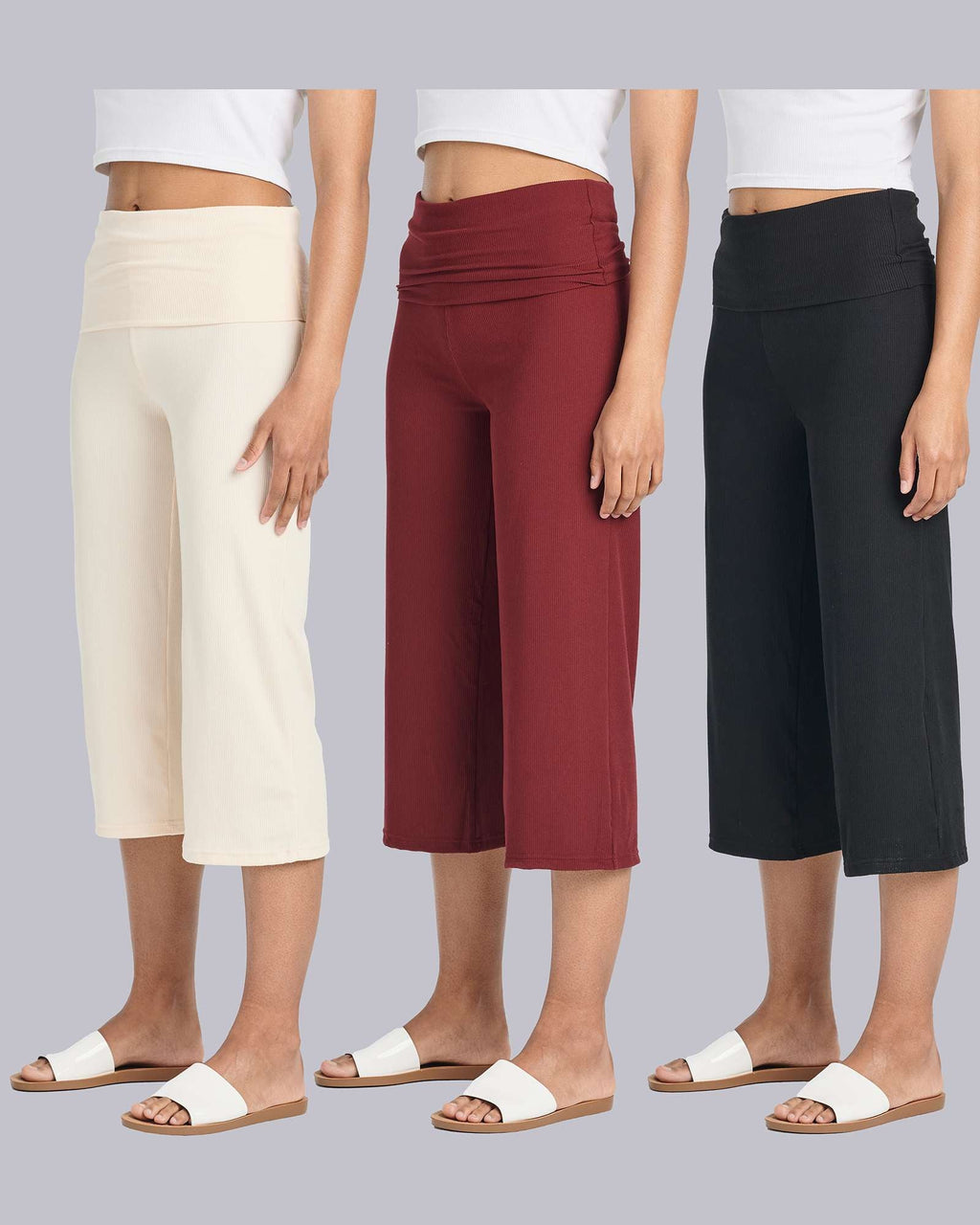 3 Pack: Women's Ribbed Foldover Wide Leg Capri Pants