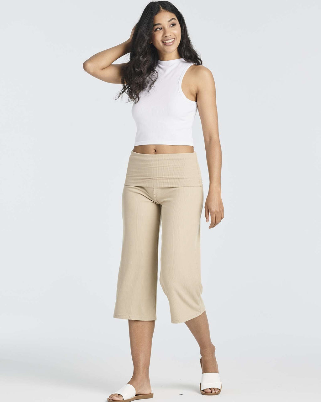 3 Pack: Women's Ribbed Foldover Wide Leg Capri Pants