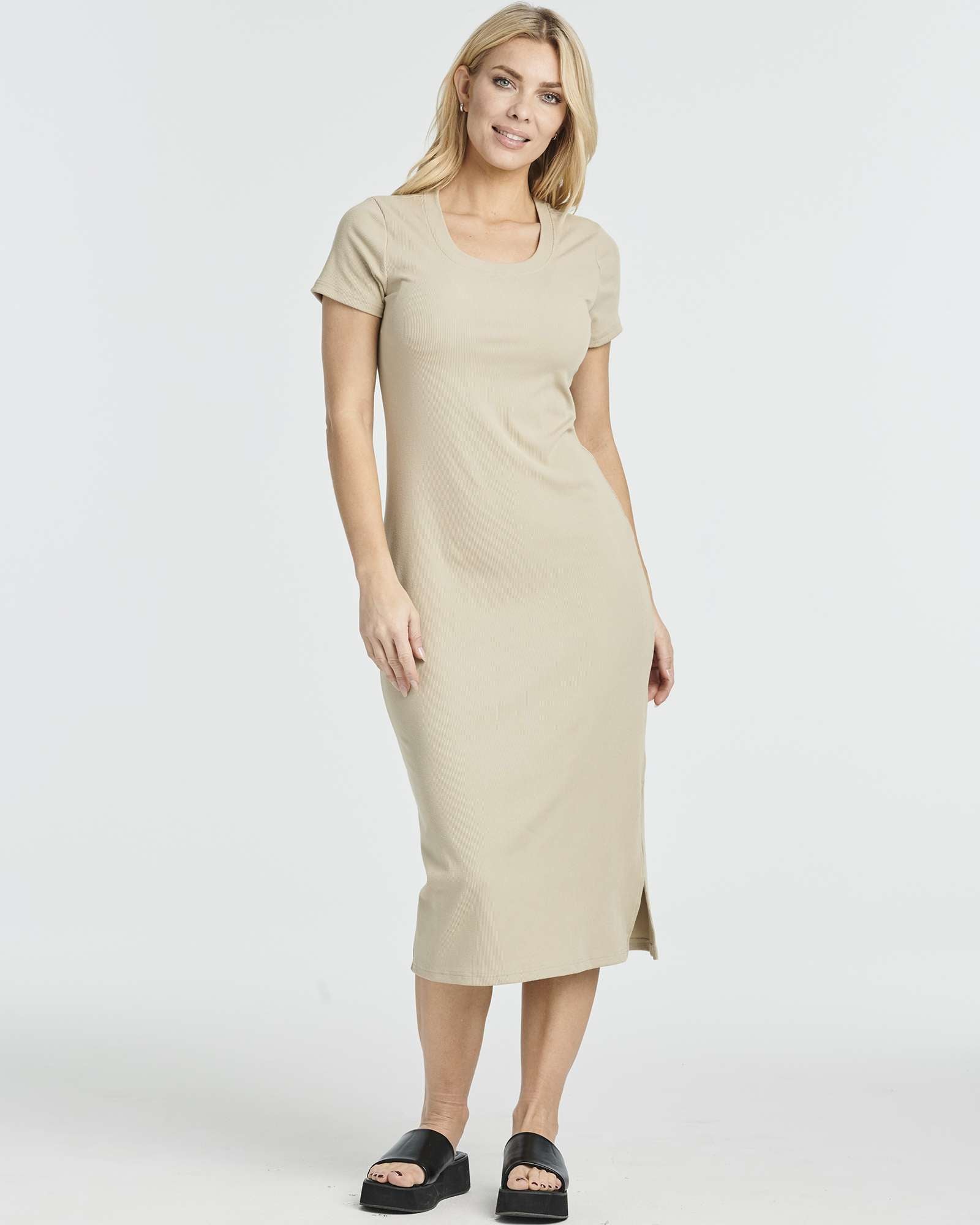 3 Pack: Women's Ribbed Jersey Crew Neck Midi Dress