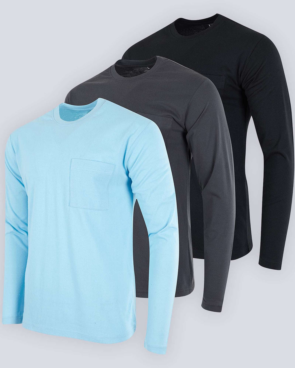 3 Pack: Mens Cotton Long Sleeve Crew Neck Pocket T-Shirt