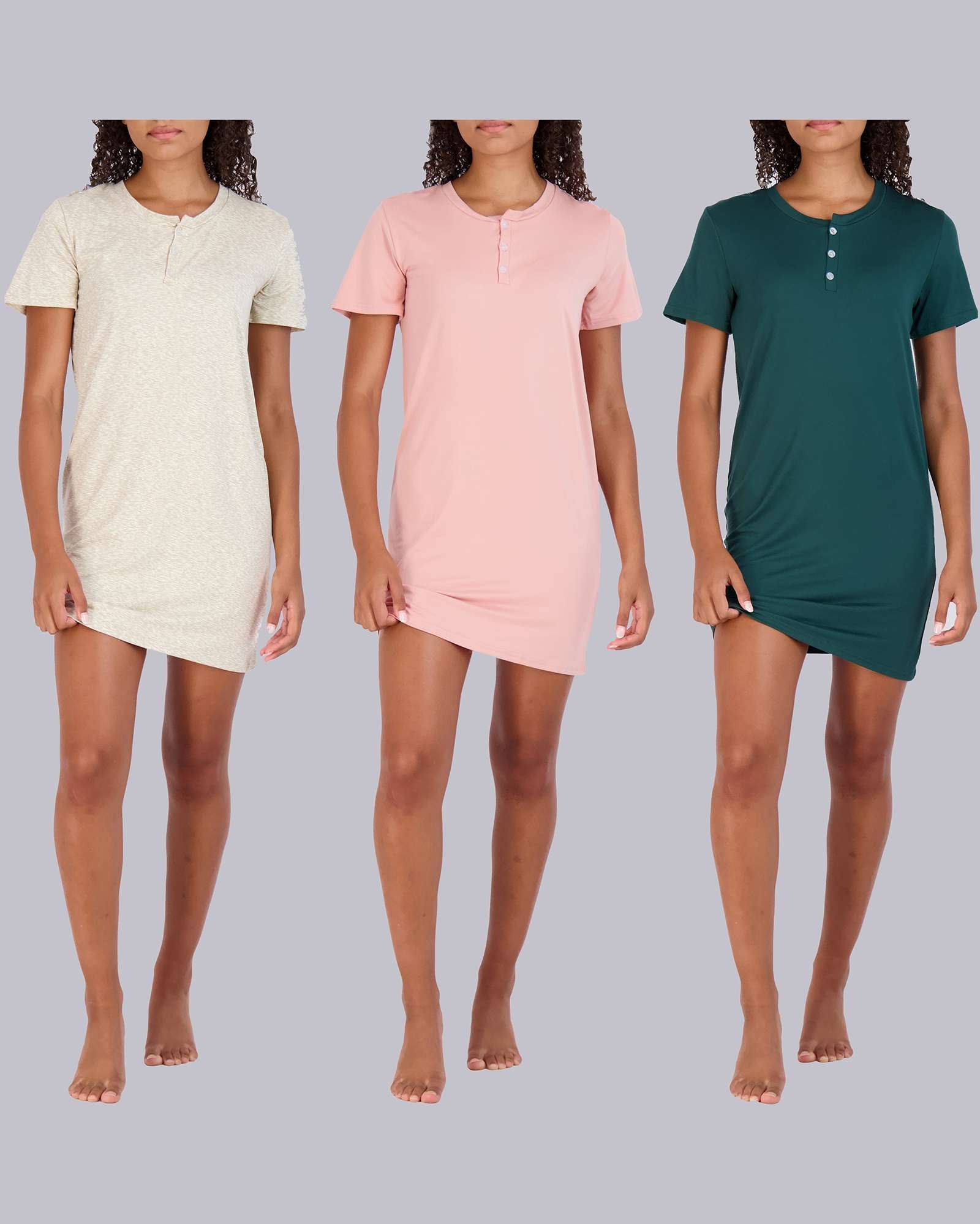 3 Pack: Womens Short Sleeve Henley Nightshirt Nightgown Sleep Dress