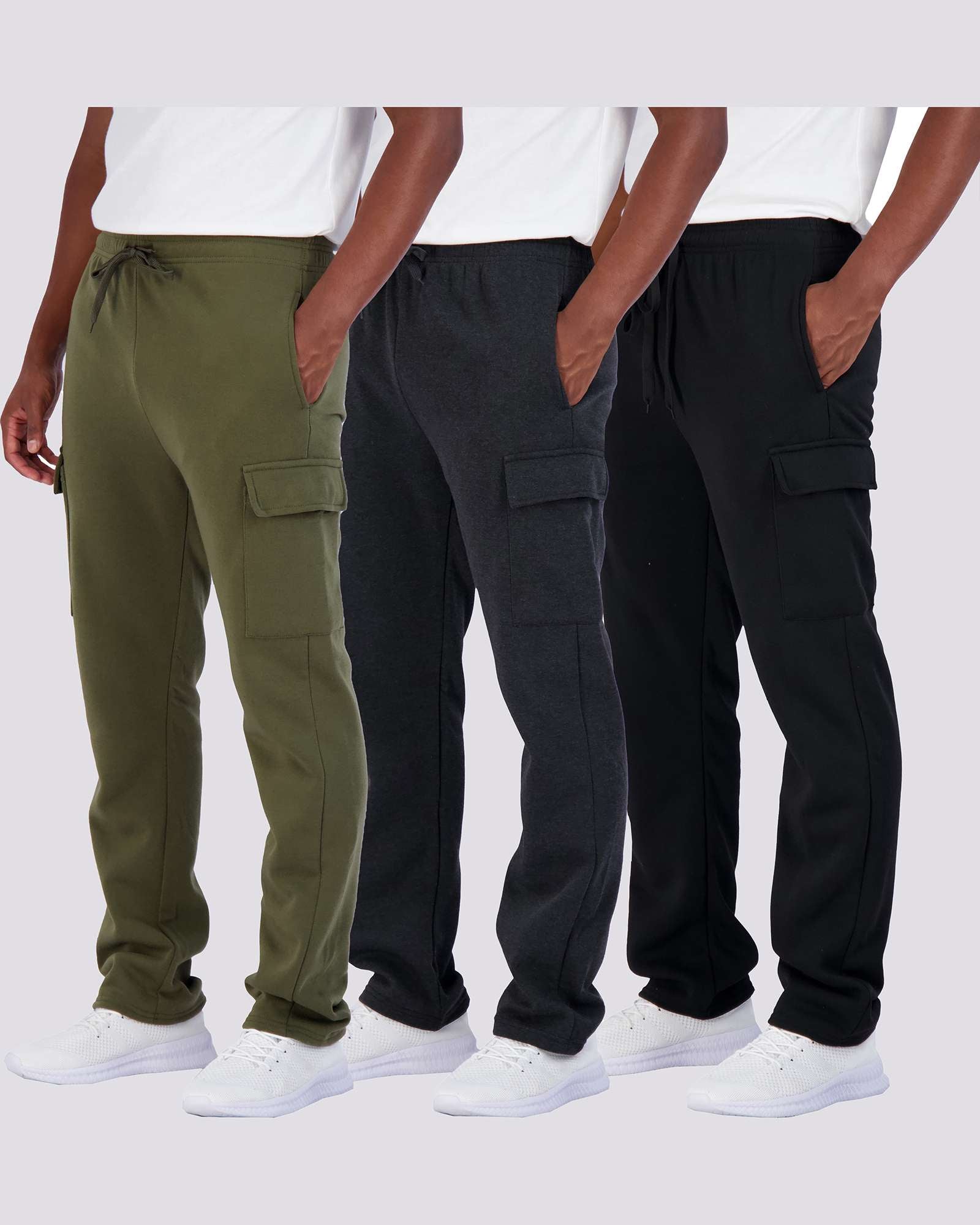 3 Pack: Mens Fleece Cargo Open Bottom Sweatpants