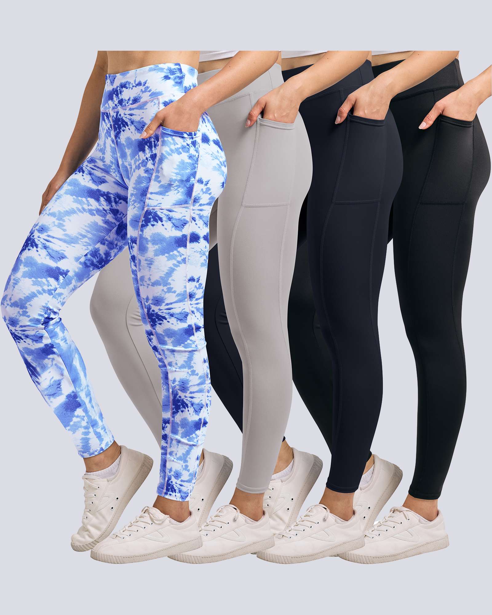 4 Pack: Women's Full Length Fitted Athletic Yoga Performance Leggings with Pockets