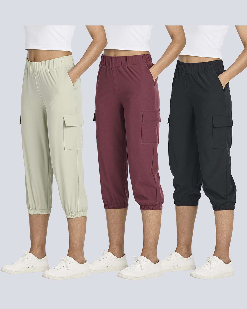 3 Pack: Women's Woven Cargo Capri Jogger Pants