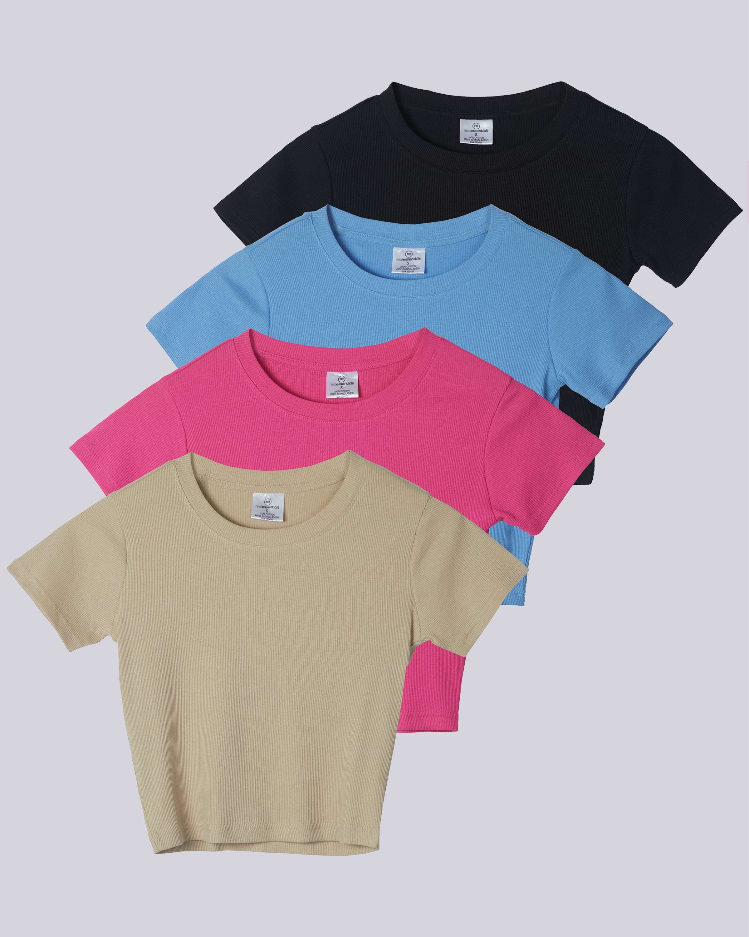 4 Pack: Women's Short Sleeve Ribbed Knit Crop Top