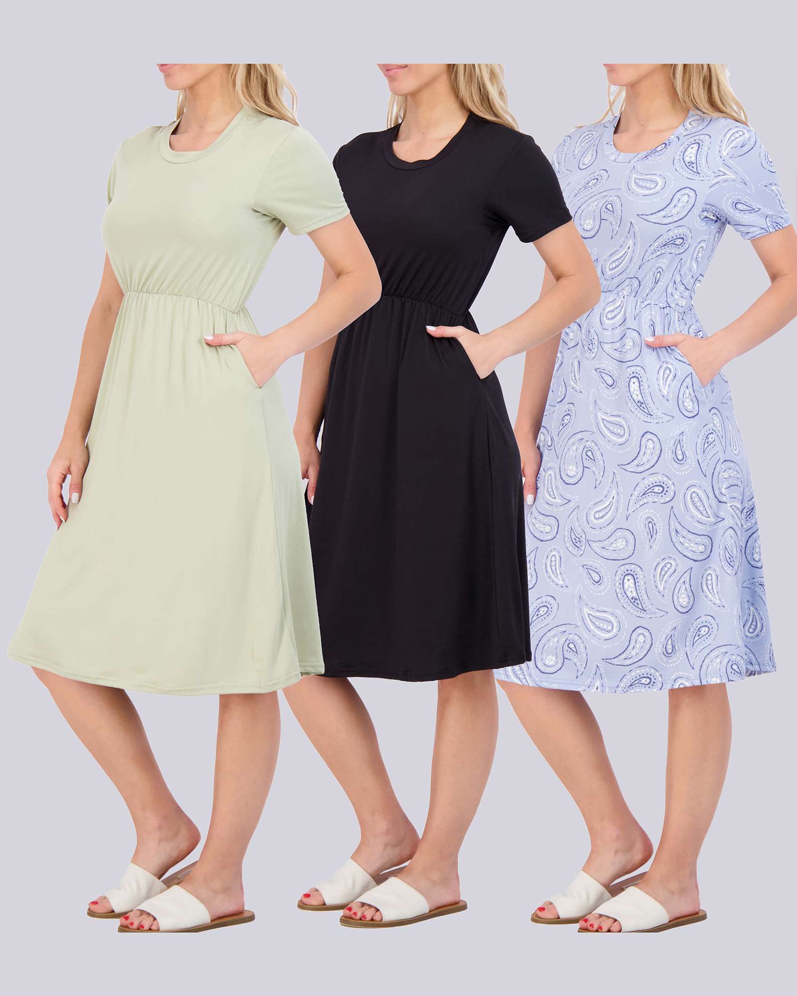 3 Pack: Women's Midi Short Sleeve Soft T-Shirt Dress (Available in Plus Size)