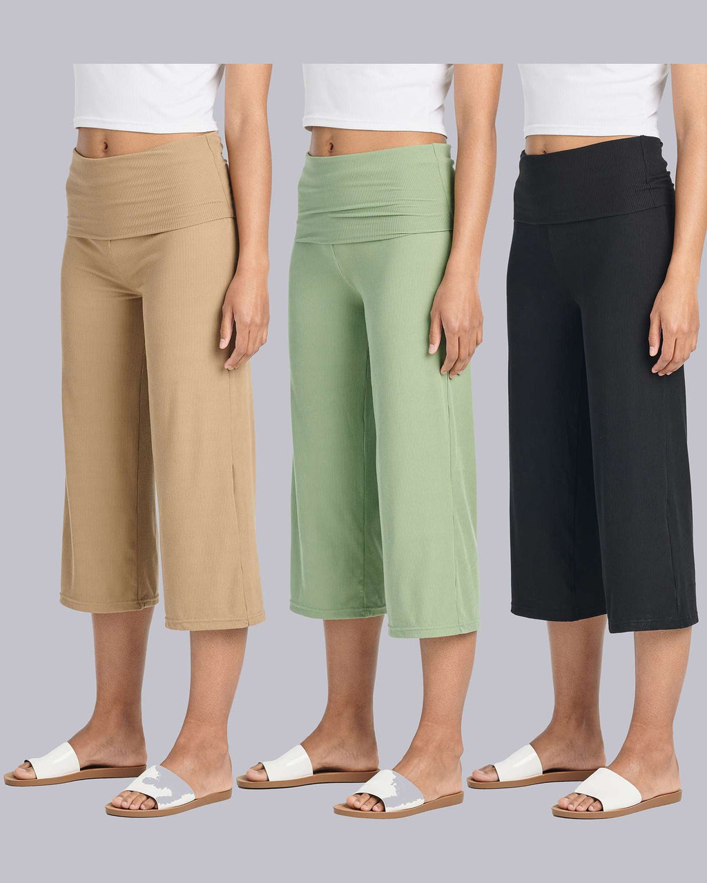 3 Pack: Women's Ribbed Foldover Wide Leg Capri Pants