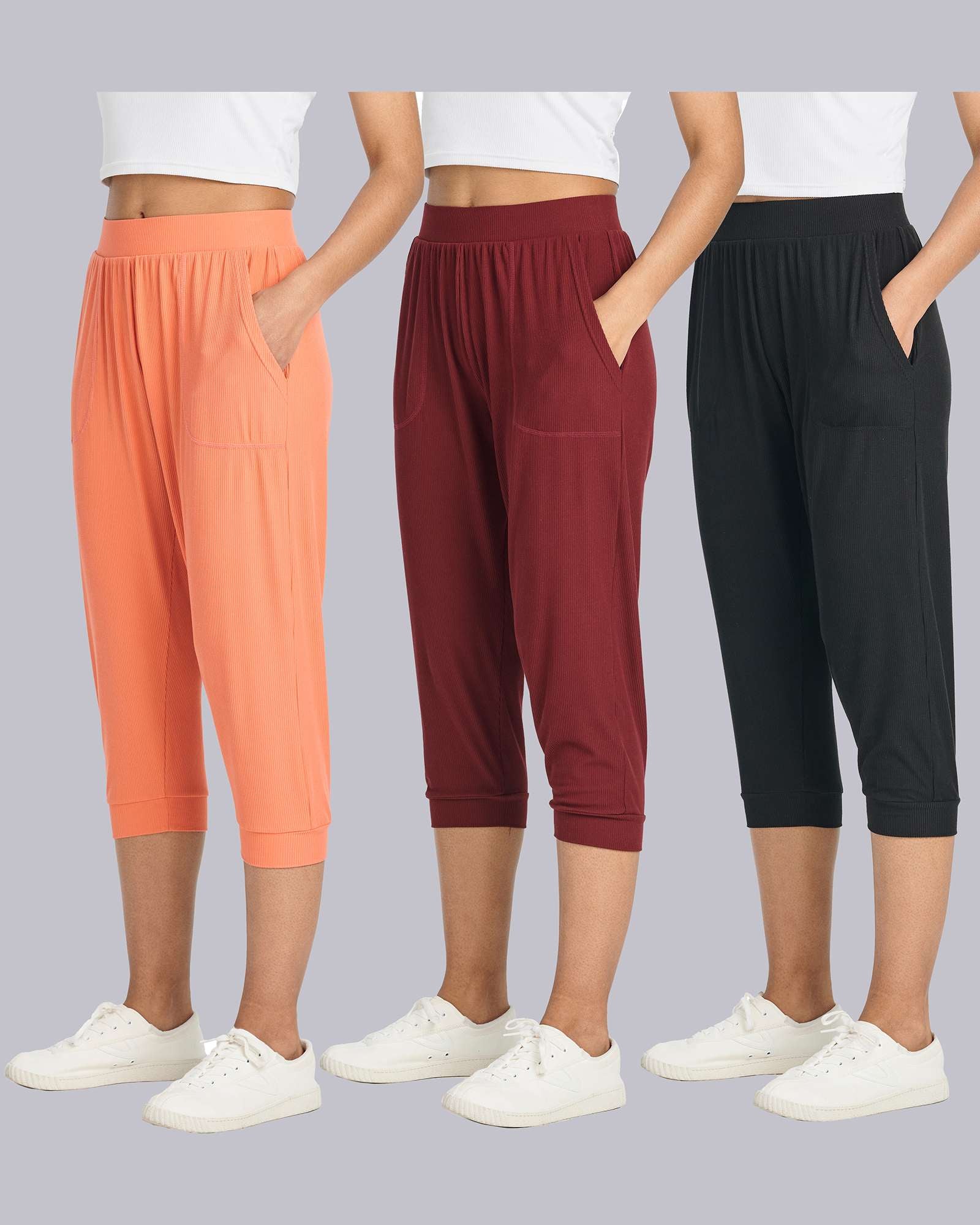 3 Pack: Women's Ribbed Capri Jogger Lounge Sweatpants