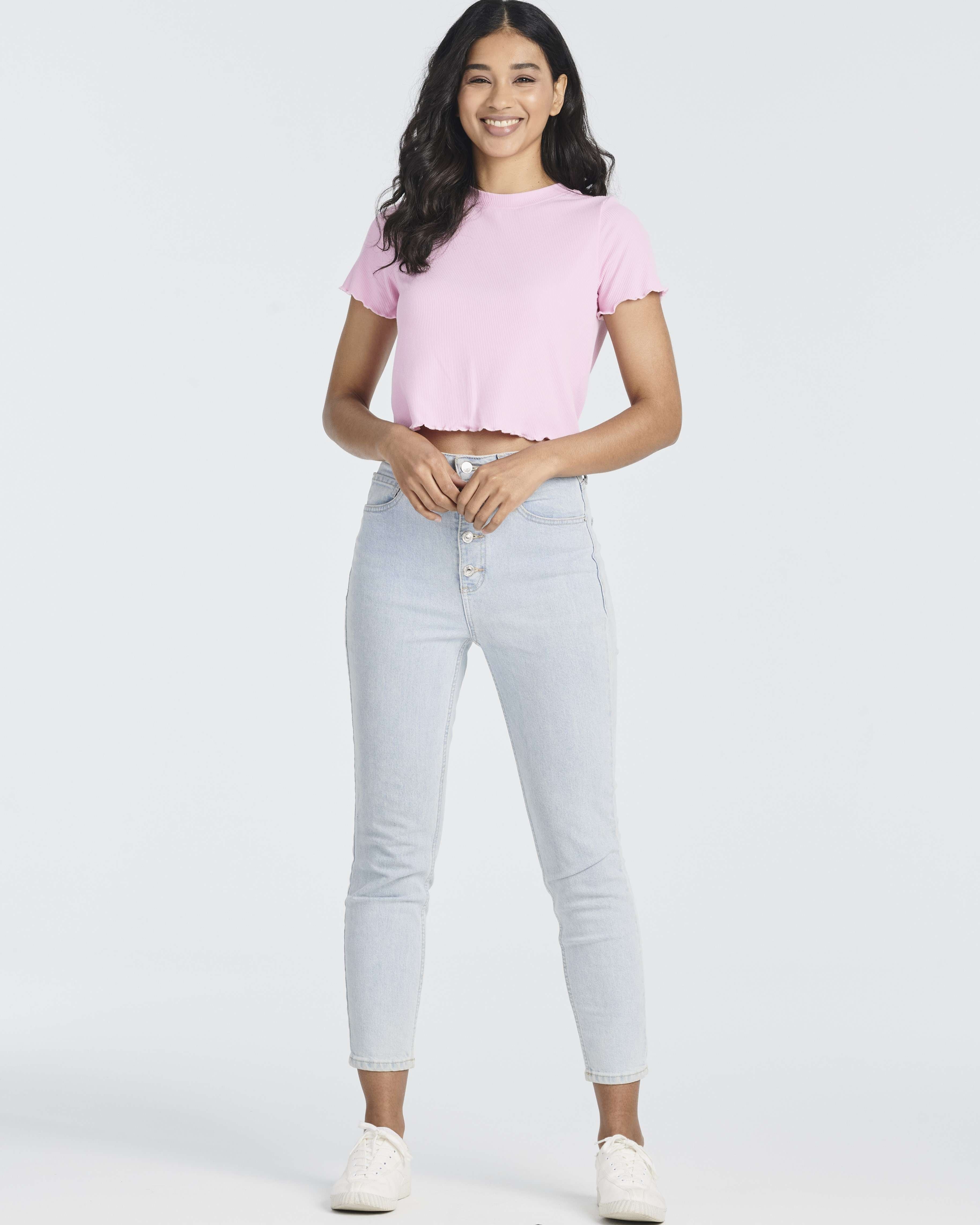 4 Pack: Women's Lettuce Trim Ribbed Knit Short Sleeve Crop Tops