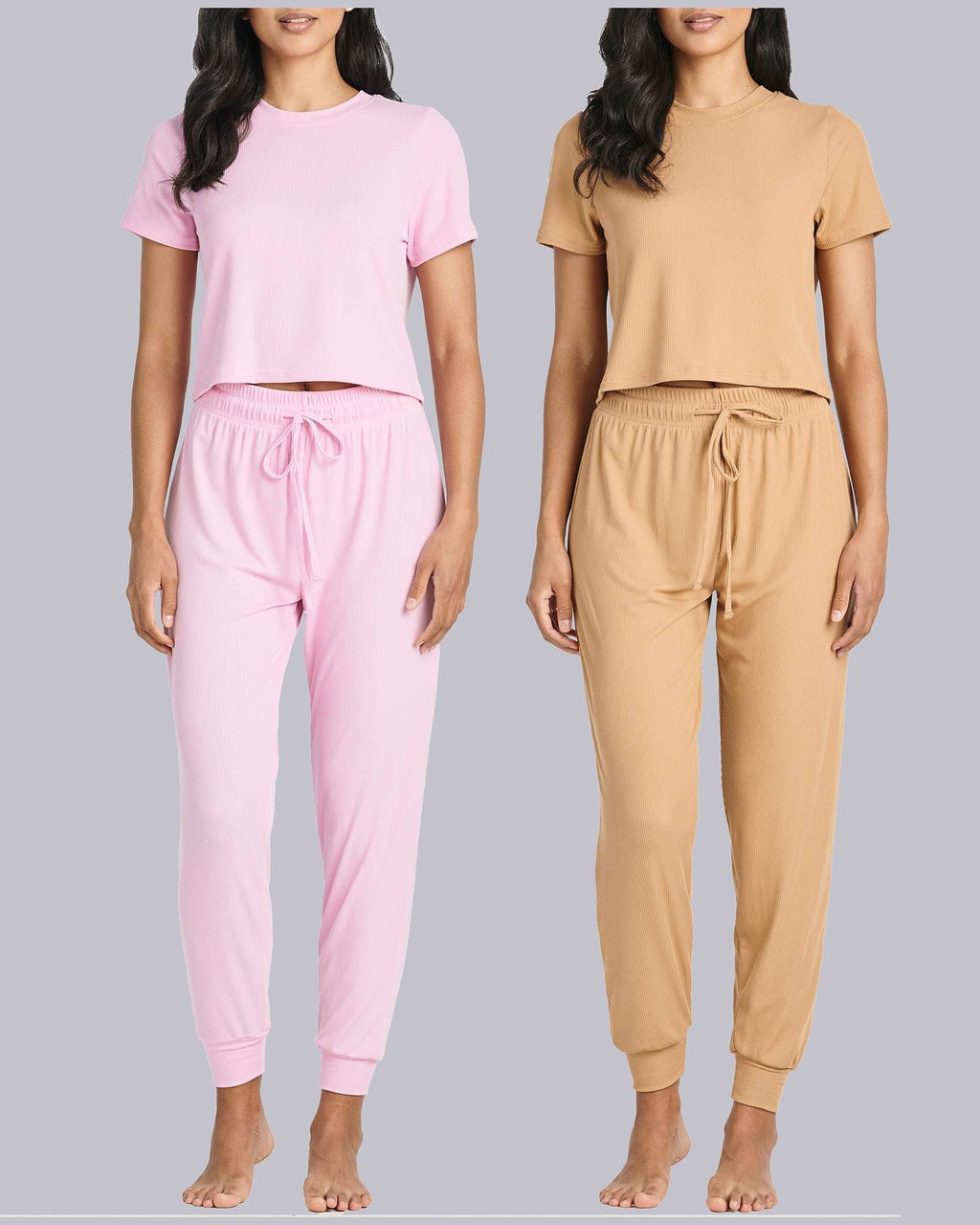 2 Pack: Women's Ribbed Knit Cropped Top with Jogger Sweatpants