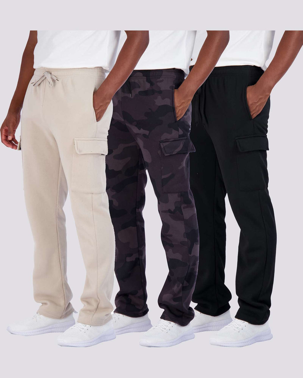 3 Pack: Mens Fleece Cargo Open Bottom Sweatpants