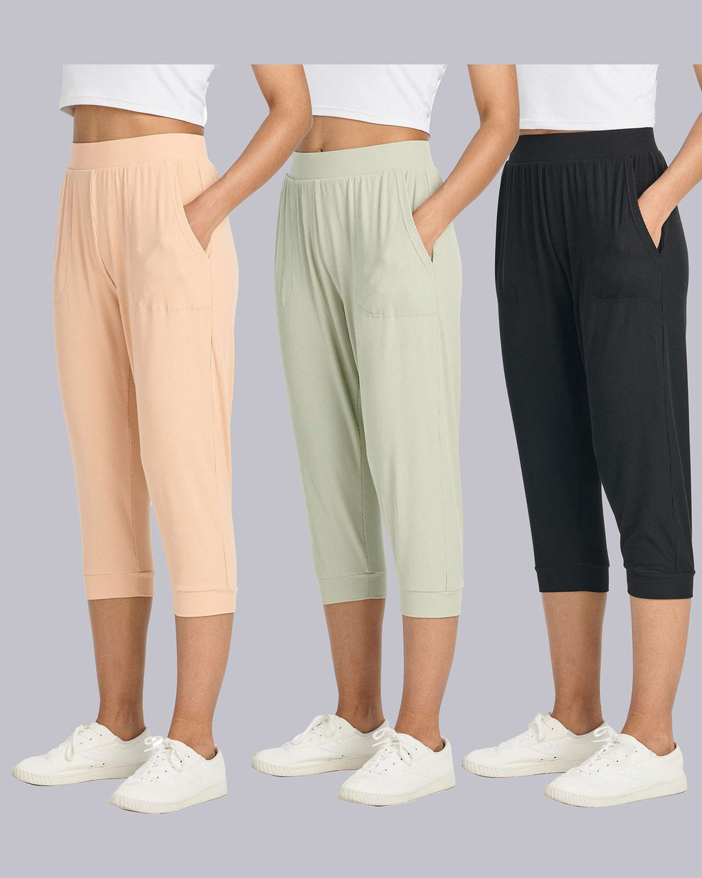 3 Pack: Women's Ribbed Capri Jogger Lounge Sweatpants