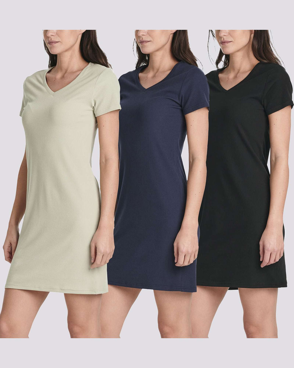 3 Pack: Women's Ribbed Knit Short-Sleeve V-Neck Swing Dress