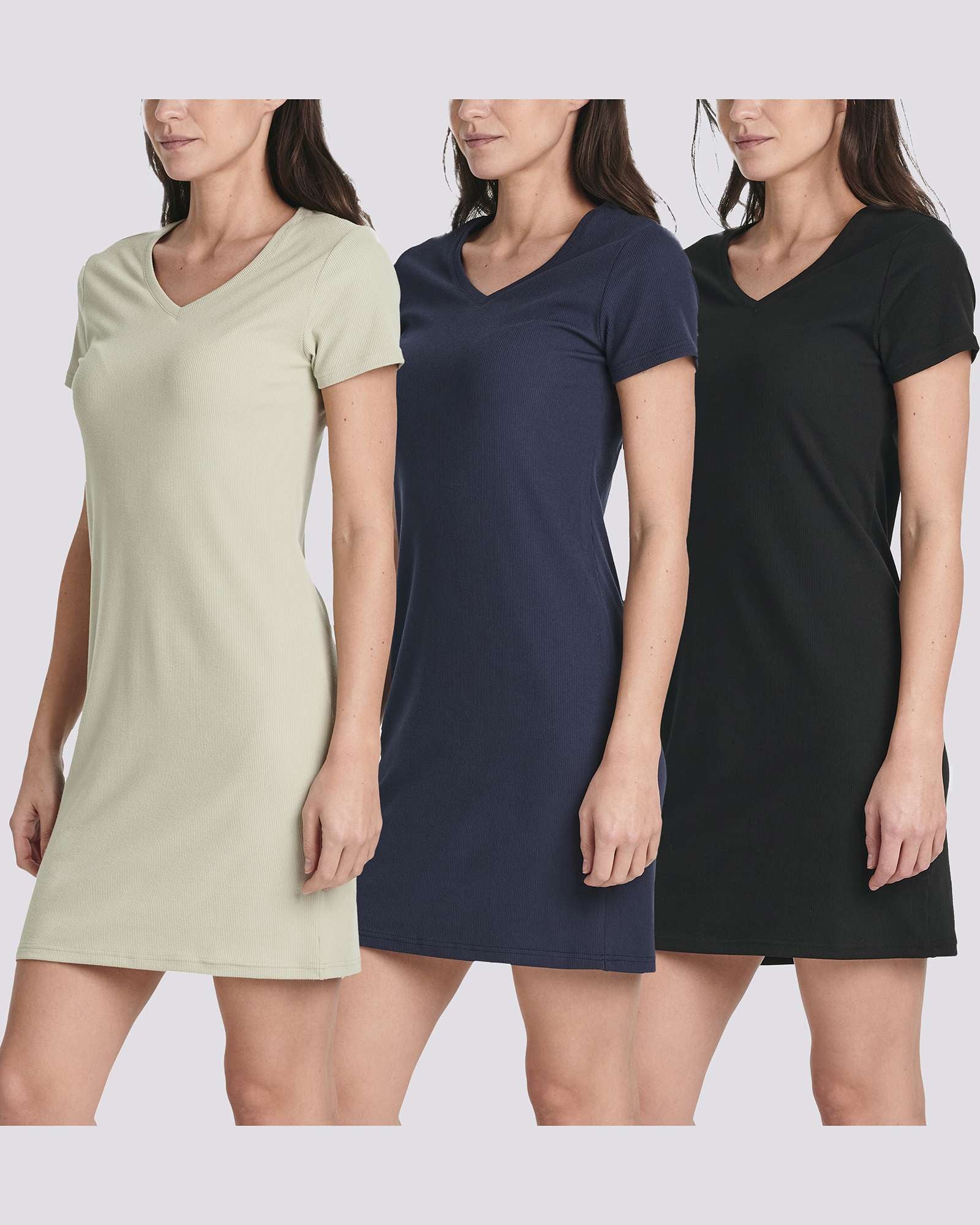 3 Pack: Women's Ribbed Knit Short-Sleeve V-Neck Swing Dress