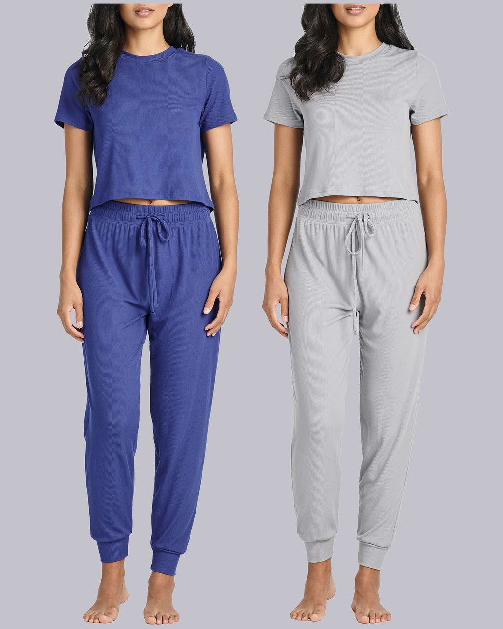 2 Pack: Women's Ribbed Knit Cropped Top with Jogger Sweatpants