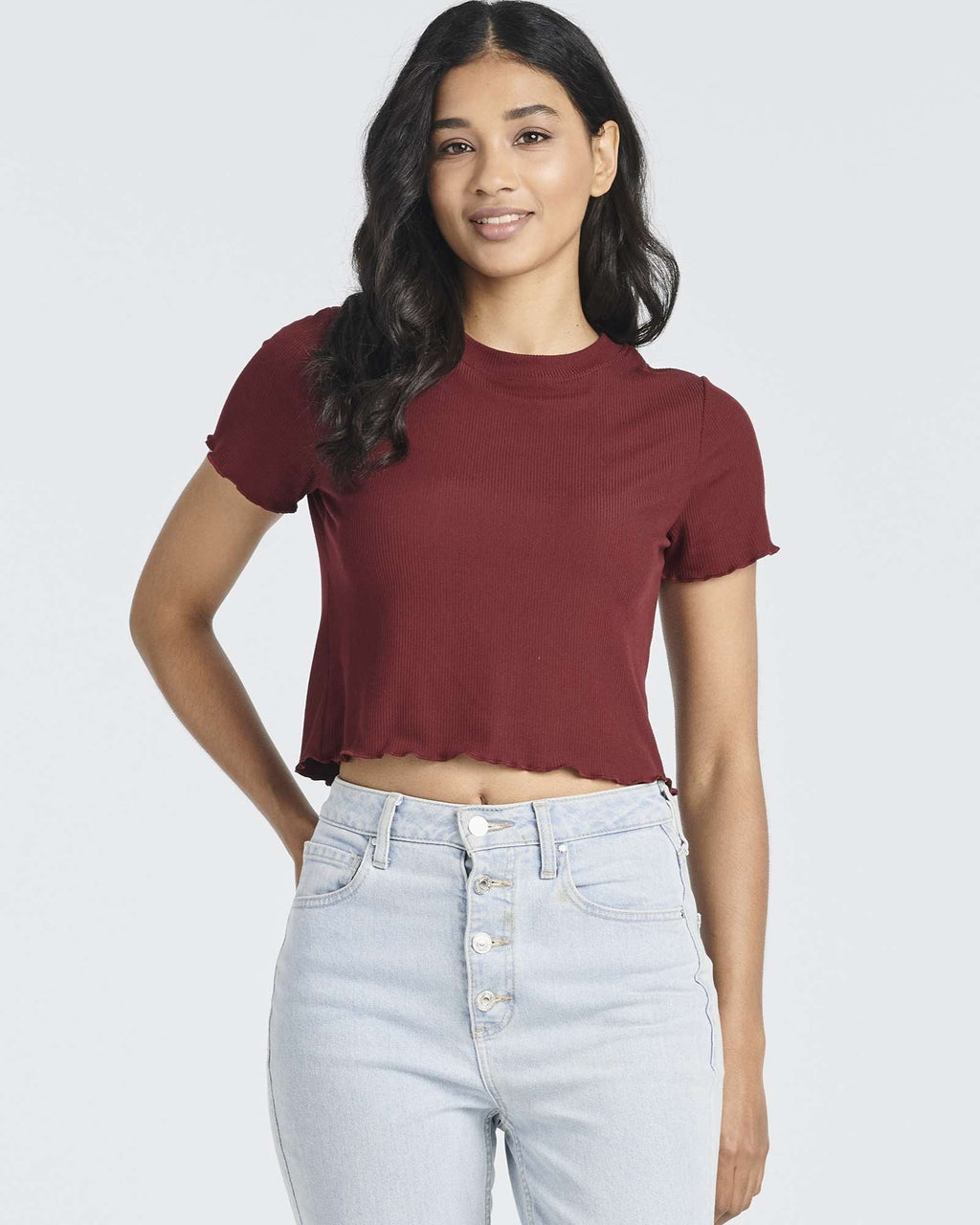4 Pack: Women's Lettuce Trim Ribbed Knit Short Sleeve Crop Tops