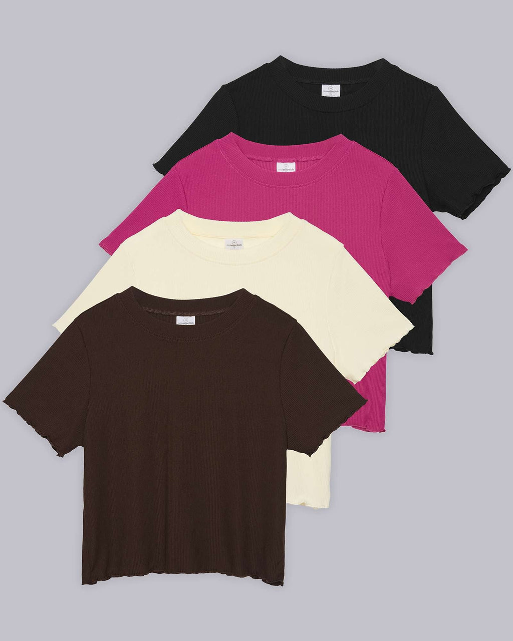 4 Pack: Women's Lettuce Trim Ribbed Knit Short Sleeve Crop Tops