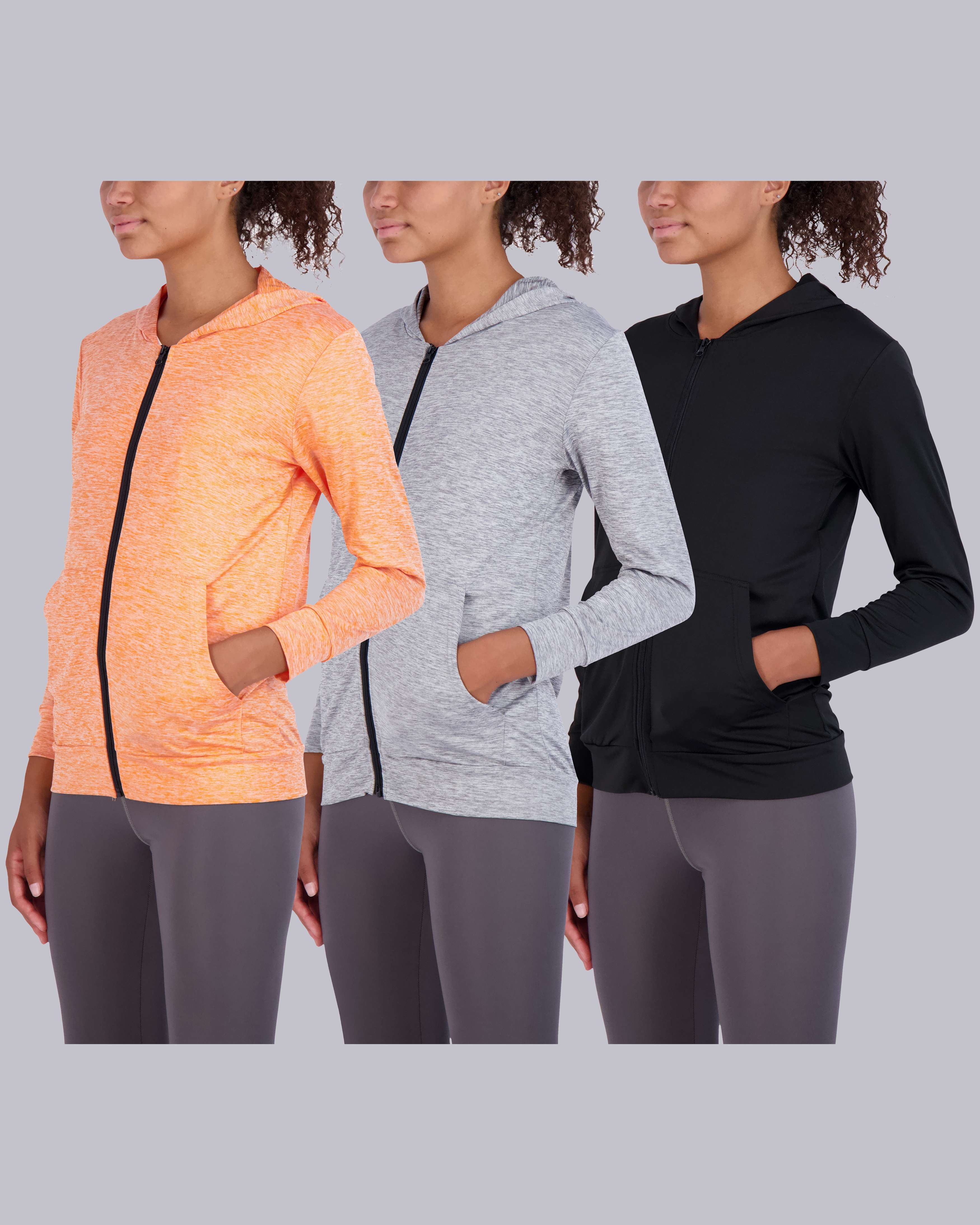 3 Pack: Womens Dry-Fit Active Full Zip-Up Hoodie Jacket
