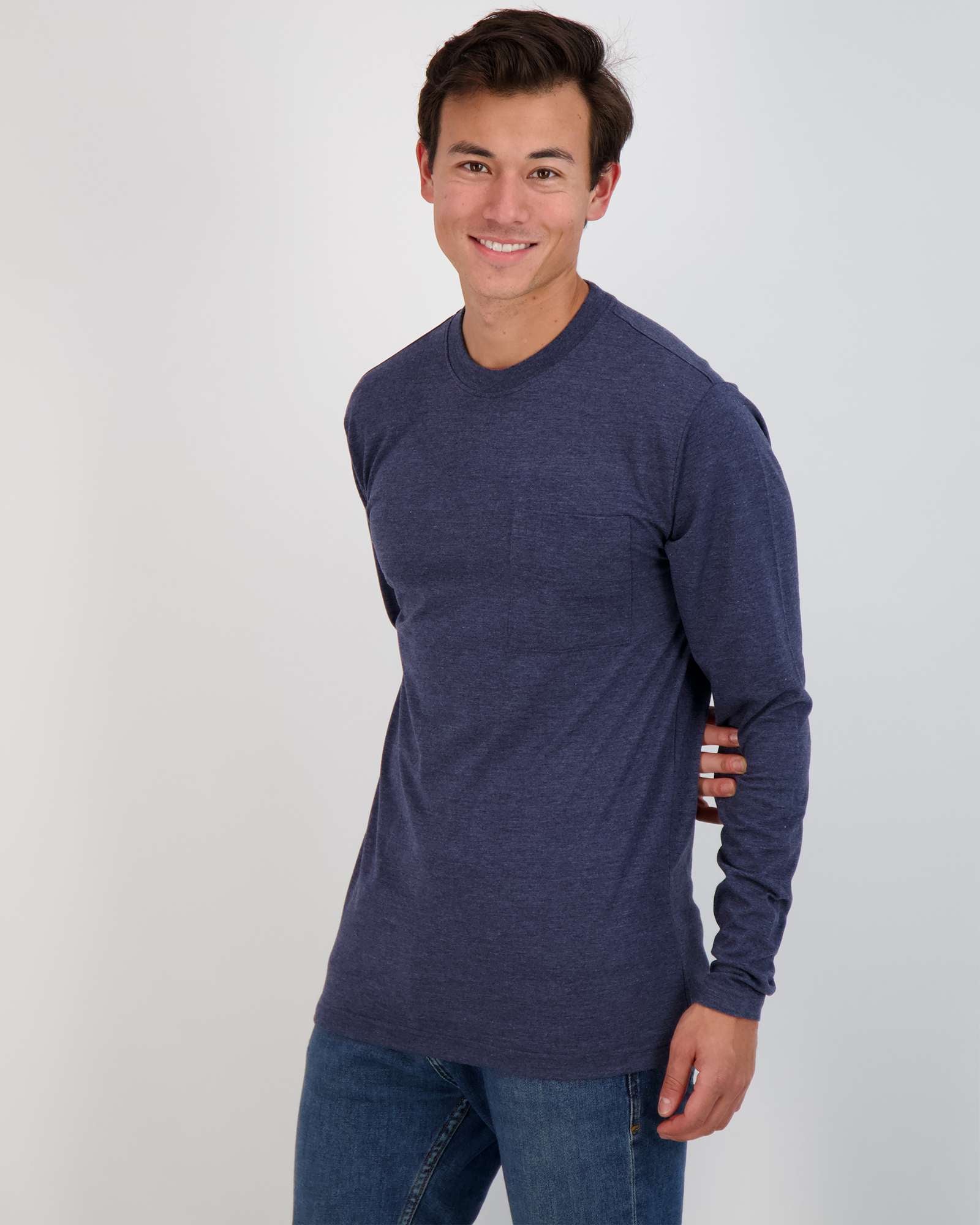 3 Pack: Mens Cotton Long Sleeve Crew Neck Pocket T-Shirt