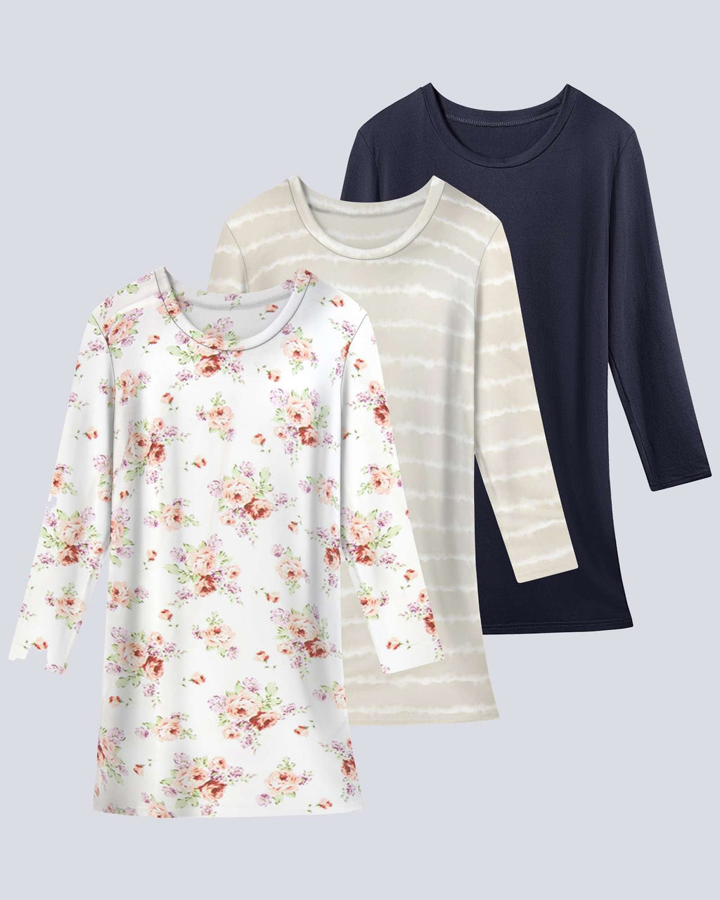 3 Pack: Womens Long Sleeve Ultra-Soft Nightshirt Sleep Dress