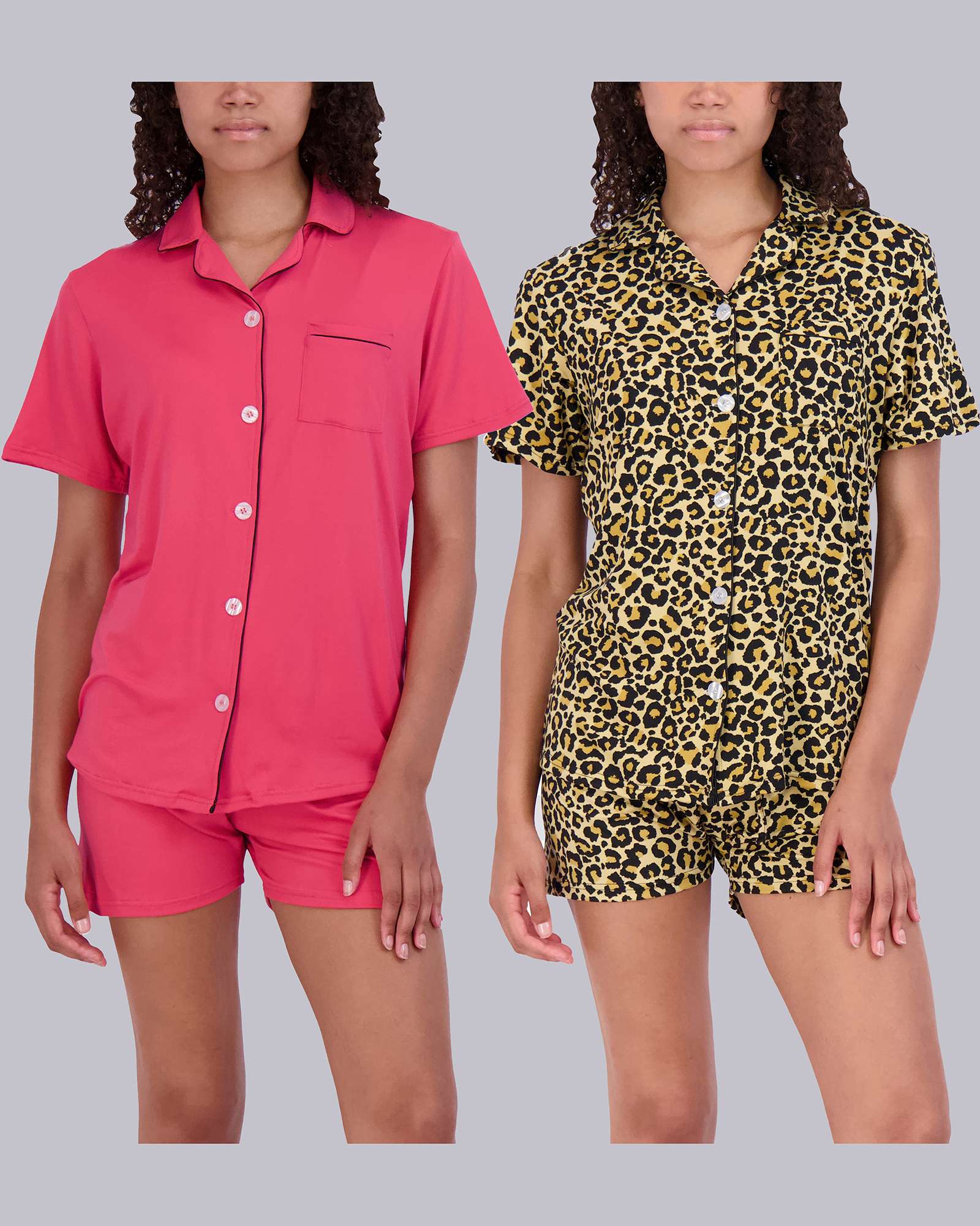 4 Piece: Womens Short Sleeve Button Down Pajama Set