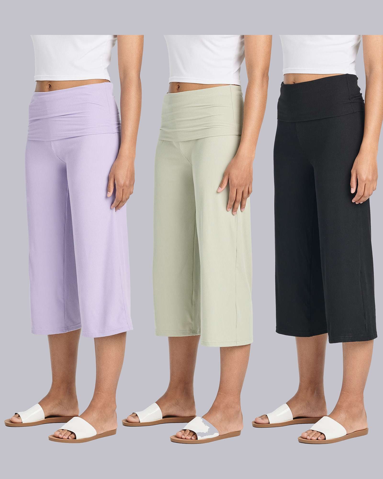 3 Pack: Women's Ribbed Foldover Wide Leg Capri Pants