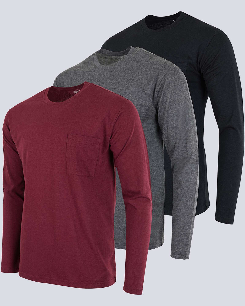 3 Pack: Mens Cotton Long Sleeve Crew Neck Pocket T-Shirt